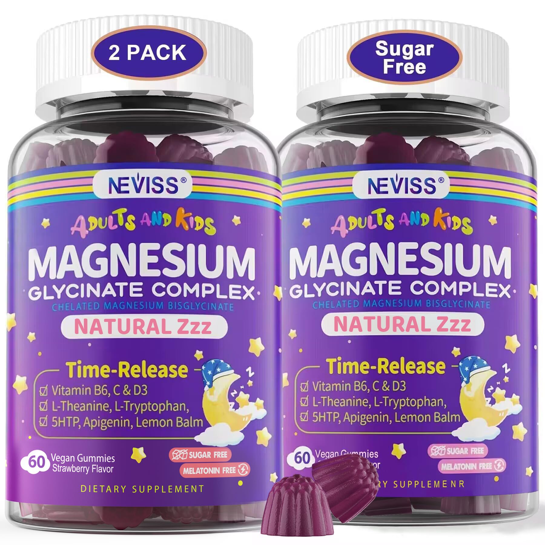 Magnesium Glycinate Gummies for Adults & Kids 4+, Sugar Free Magnesium Bisglycinate Supplement 400/200mg with B6D3, 5HTP, L-Theanine for Sleep & Relaxation, Brain, Muscle, Melatonin Free Gummies,2Pack - TrustMedUSA