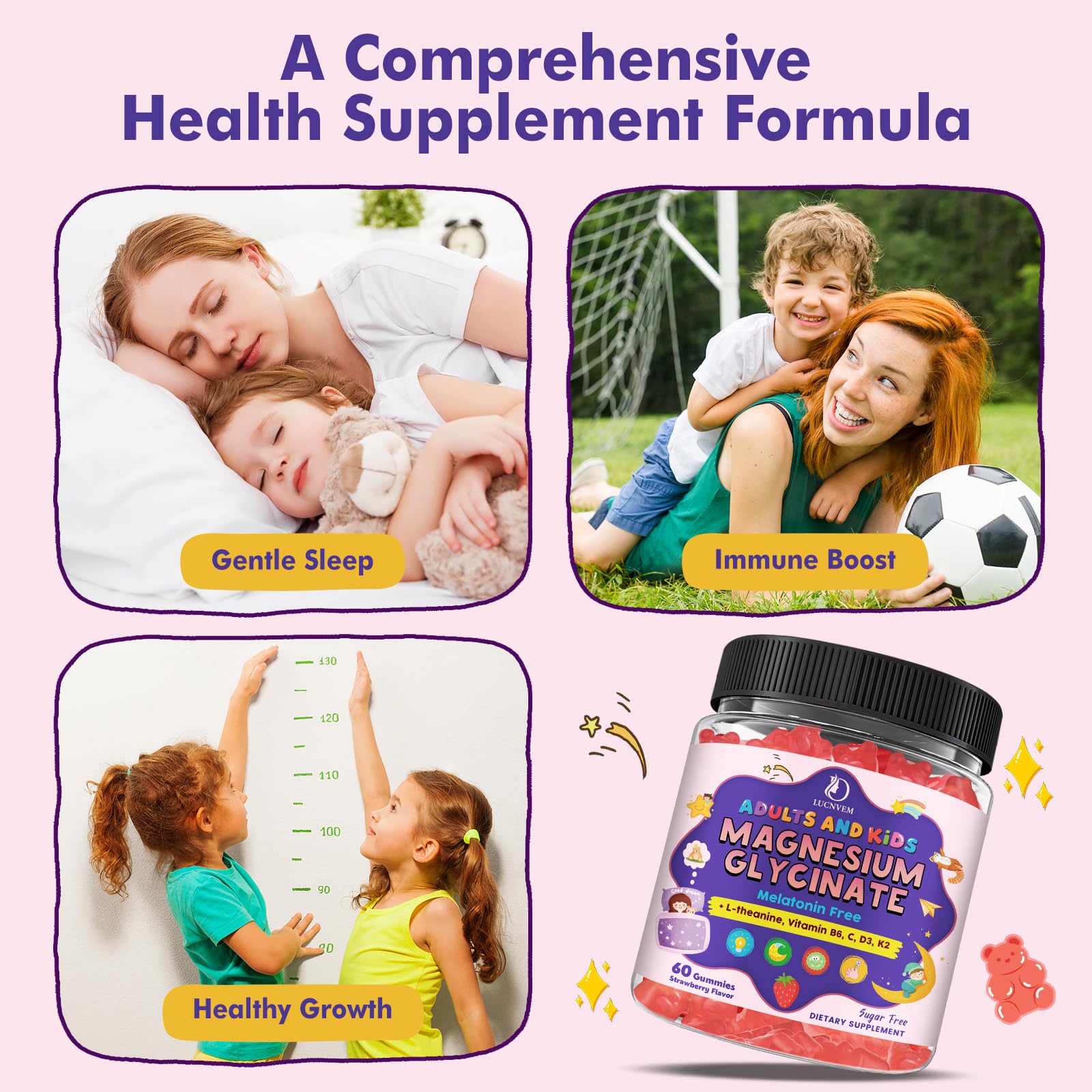 Magnesium Glycinate Gummies for Kids 4+ & Adults- Magnesium Glycinate 150/300 mg for Natural Sleep, Relaxation & Calm Support, Melatonin Free, Sugar Free Strawberry Flavor, 60 Ct - TrustMedUSA