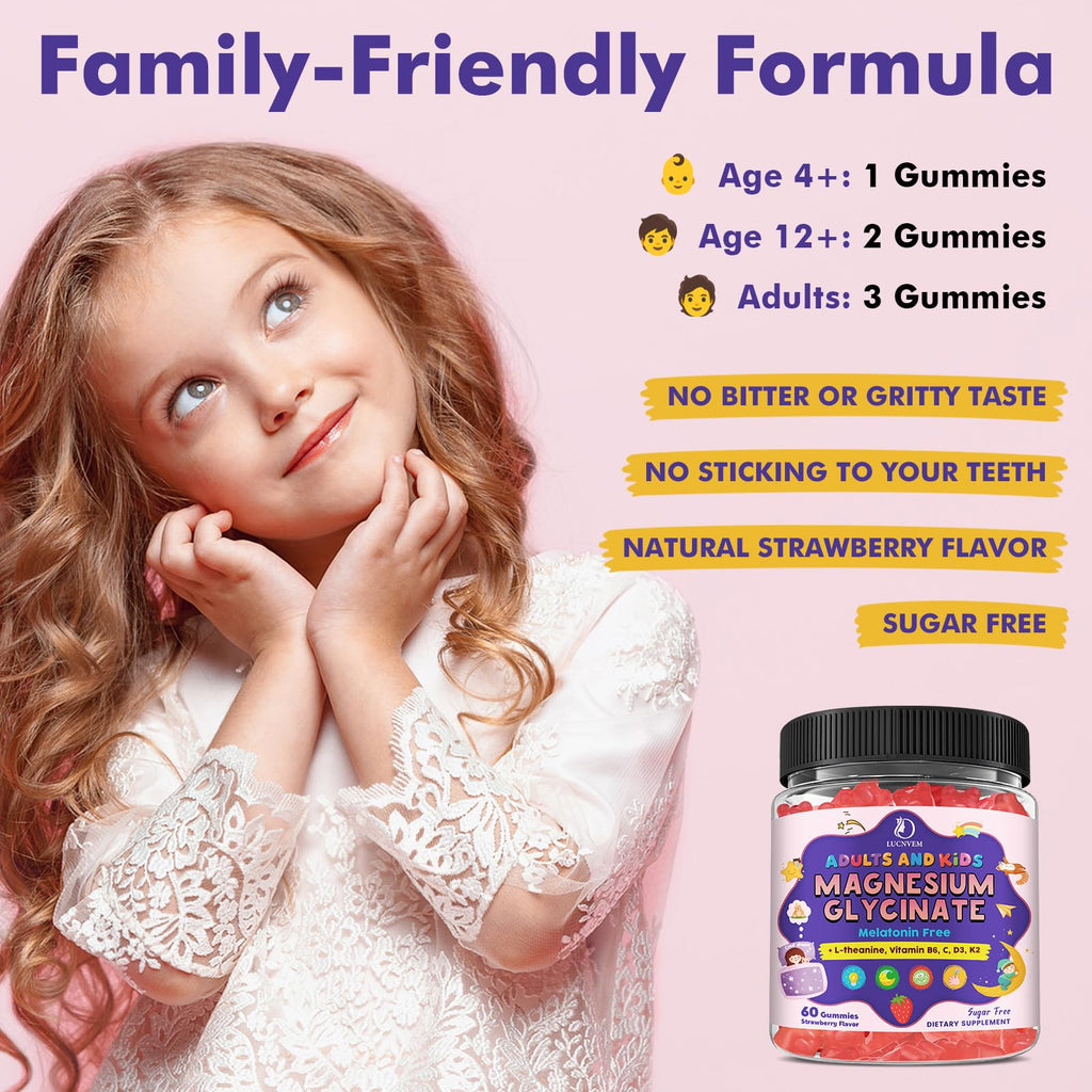 Magnesium Glycinate Gummies for Kids 4+ & Adults- Magnesium Glycinate 150/300 mg for Natural Sleep, Relaxation & Calm Support, Melatonin Free, Sugar Free Strawberry Flavor, 60 Ct - TrustMedUSA