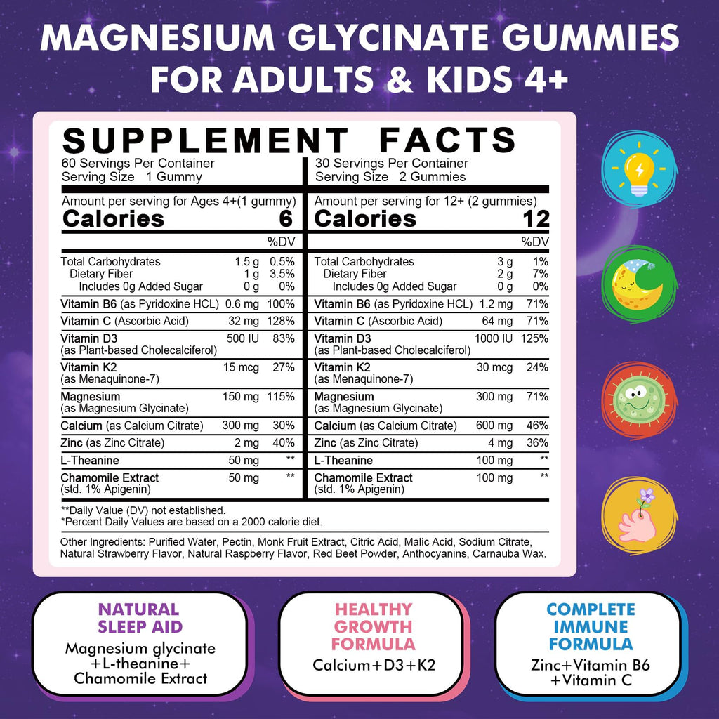 Magnesium Glycinate Gummies for Kids 4+ & Adults- Magnesium Glycinate 150/300 mg for Natural Sleep, Relaxation & Calm Support, Melatonin Free, Sugar Free Strawberry Flavor, 60 Ct - TrustMedUSA