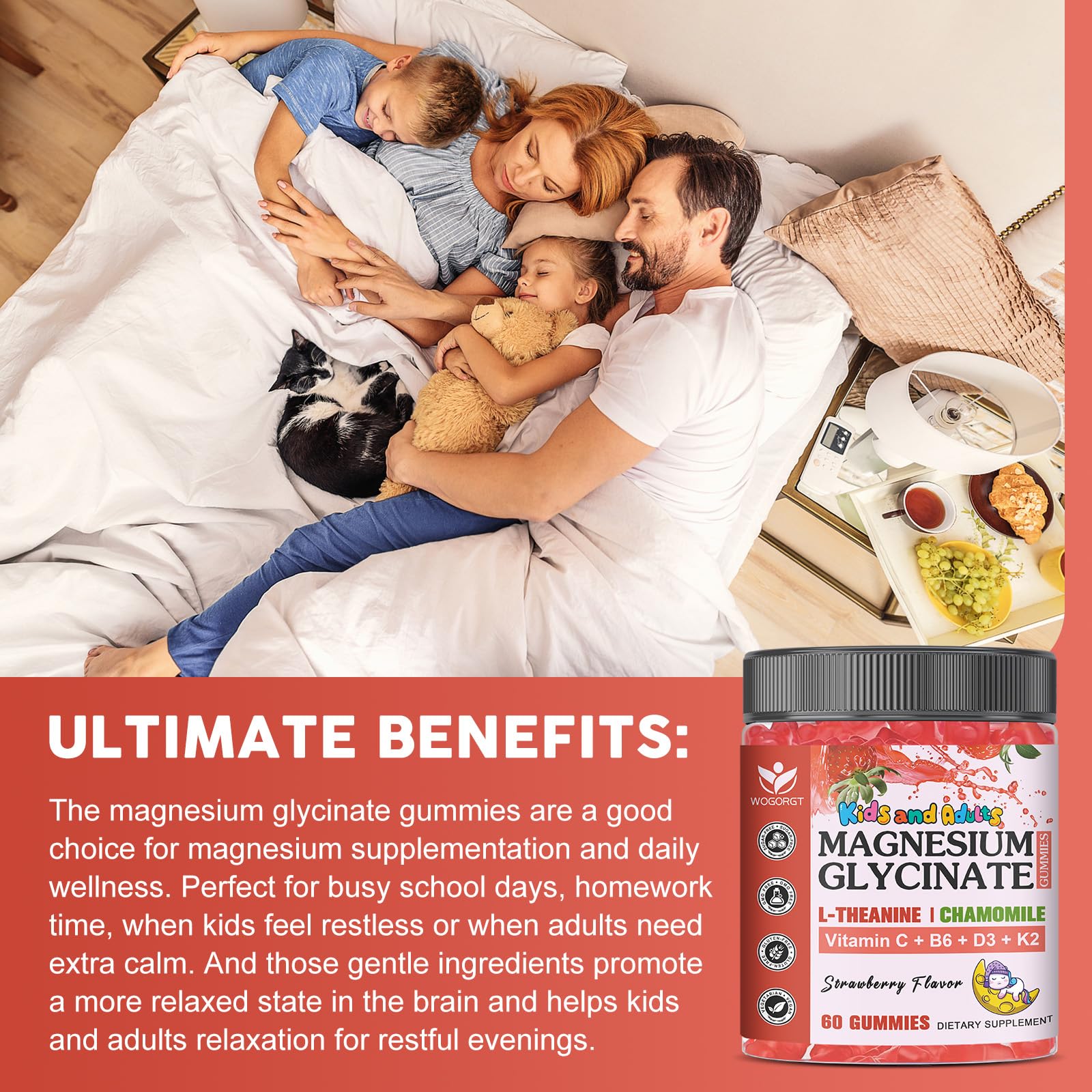 Magnesium Glycinate Gummies for Kids & Adults - Relaxation & Cognition Support - 400/200mg Magnesium Supplement with L-Theanine, Chamomile, B6, D3 & K2 - TrustMedUSA