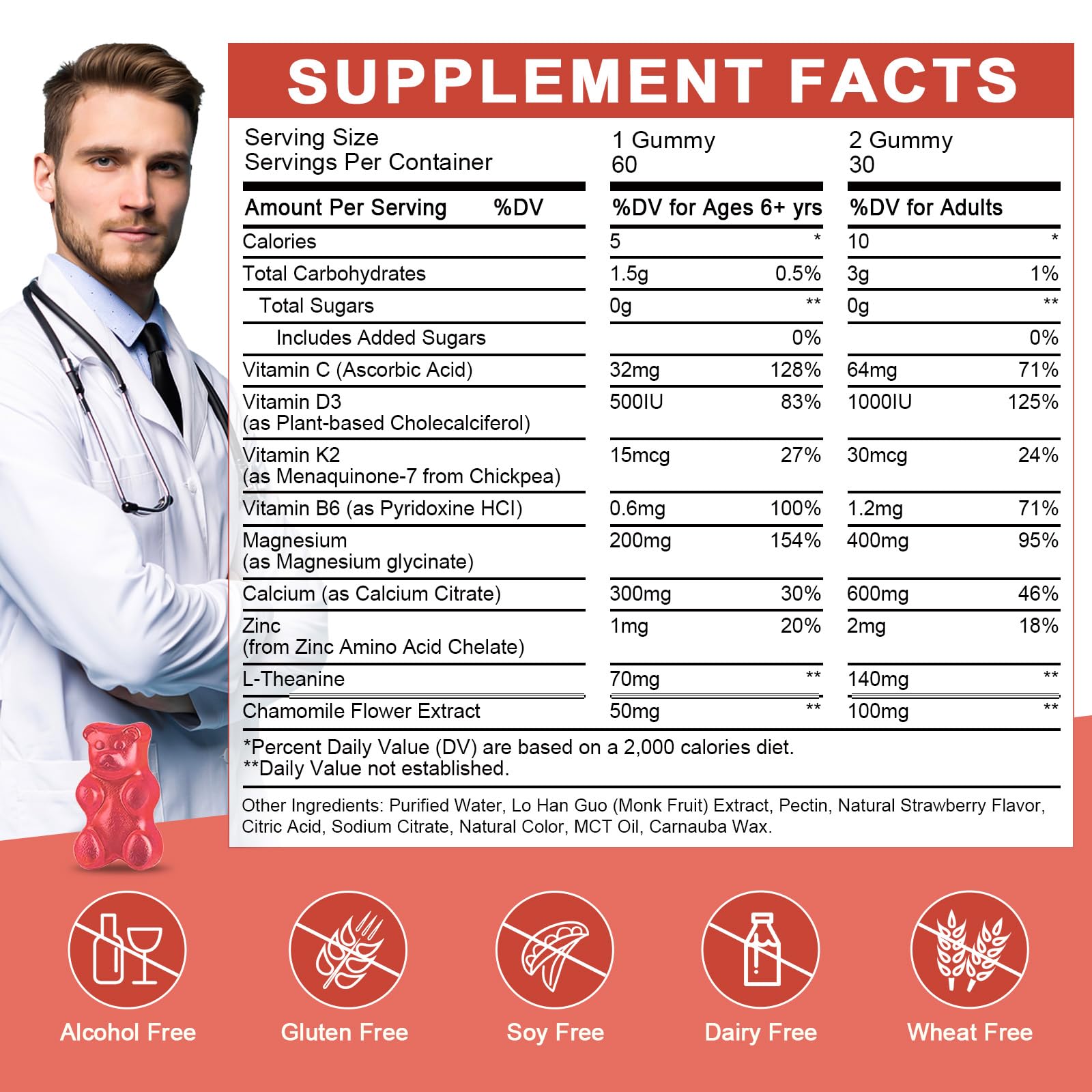 Magnesium Glycinate Gummies for Kids & Adults - Relaxation & Cognition Support - 400/200mg Magnesium Supplement with L-Theanine, Chamomile, B6, D3 & K2 - TrustMedUSA