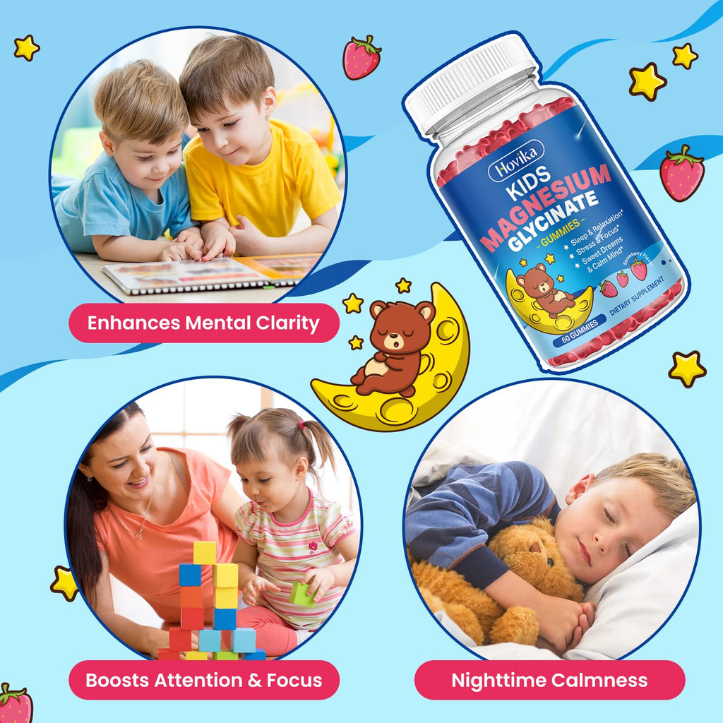 Magnesium Glycinate Gummies for Kids - with L-Theanine, Omega-3, Vitamin B6, D3, Zinc - Kids Magnesium Gummies for Sleep, Relaxation, Calm & Focus - Sugar Free Strawberry 60ct - TrustMedUSA