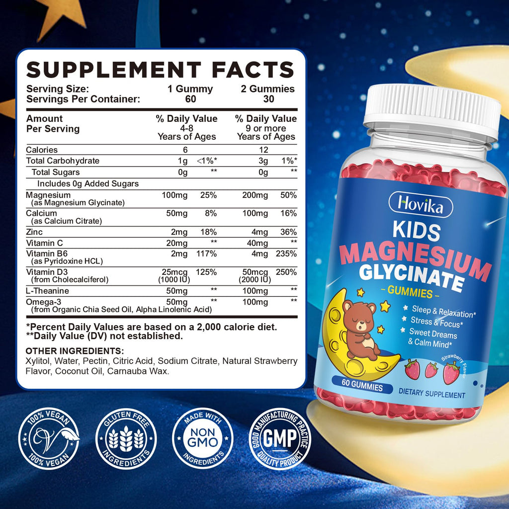 Magnesium Glycinate Gummies for Kids - with L-Theanine, Omega-3, Vitamin B6, D3, Zinc - Kids Magnesium Gummies for Sleep, Relaxation, Calm & Focus - Sugar Free Strawberry 60ct - TrustMedUSA
