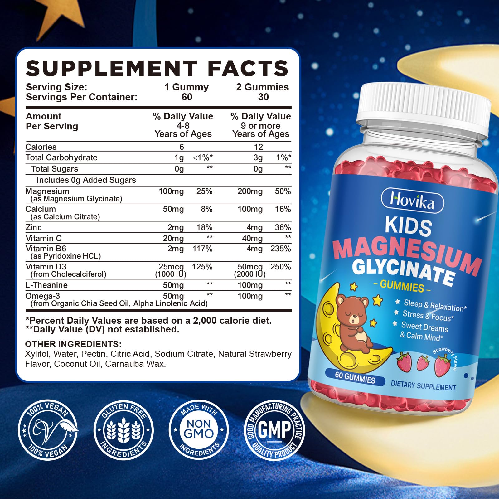 Magnesium Glycinate Gummies for Kids - with L-Theanine, Omega-3, Vitamin B6, D3, Zinc - Kids Magnesium Gummies for Sleep, Relaxation, Calm & Focus - Sugar Free Strawberry 60ct - TrustMedUSA