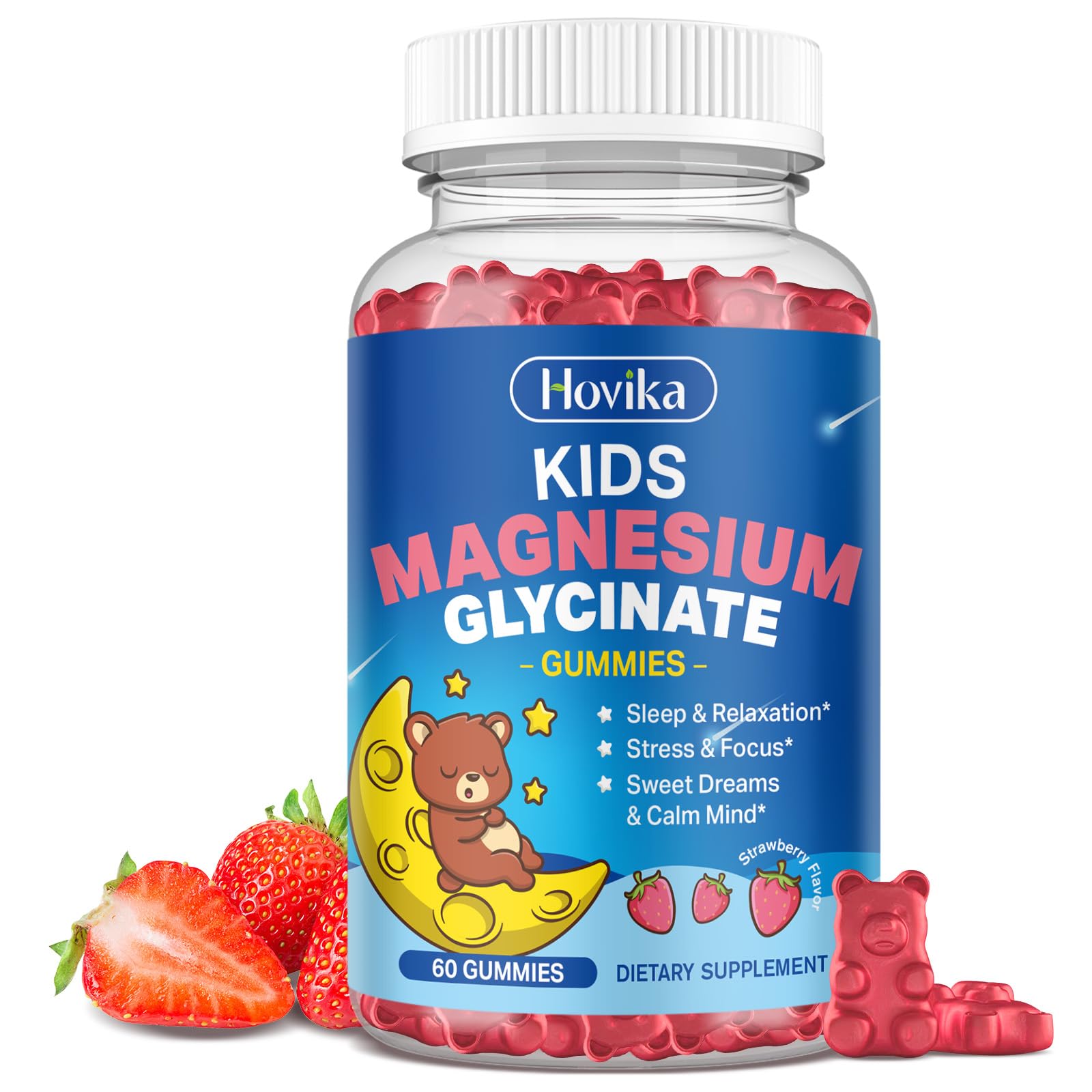 Magnesium Glycinate Gummies for Kids - with L-Theanine, Omega-3, Vitamin B6, D3, Zinc - Kids Magnesium Gummies for Sleep, Relaxation, Calm & Focus - Sugar Free Strawberry 60ct - TrustMedUSA