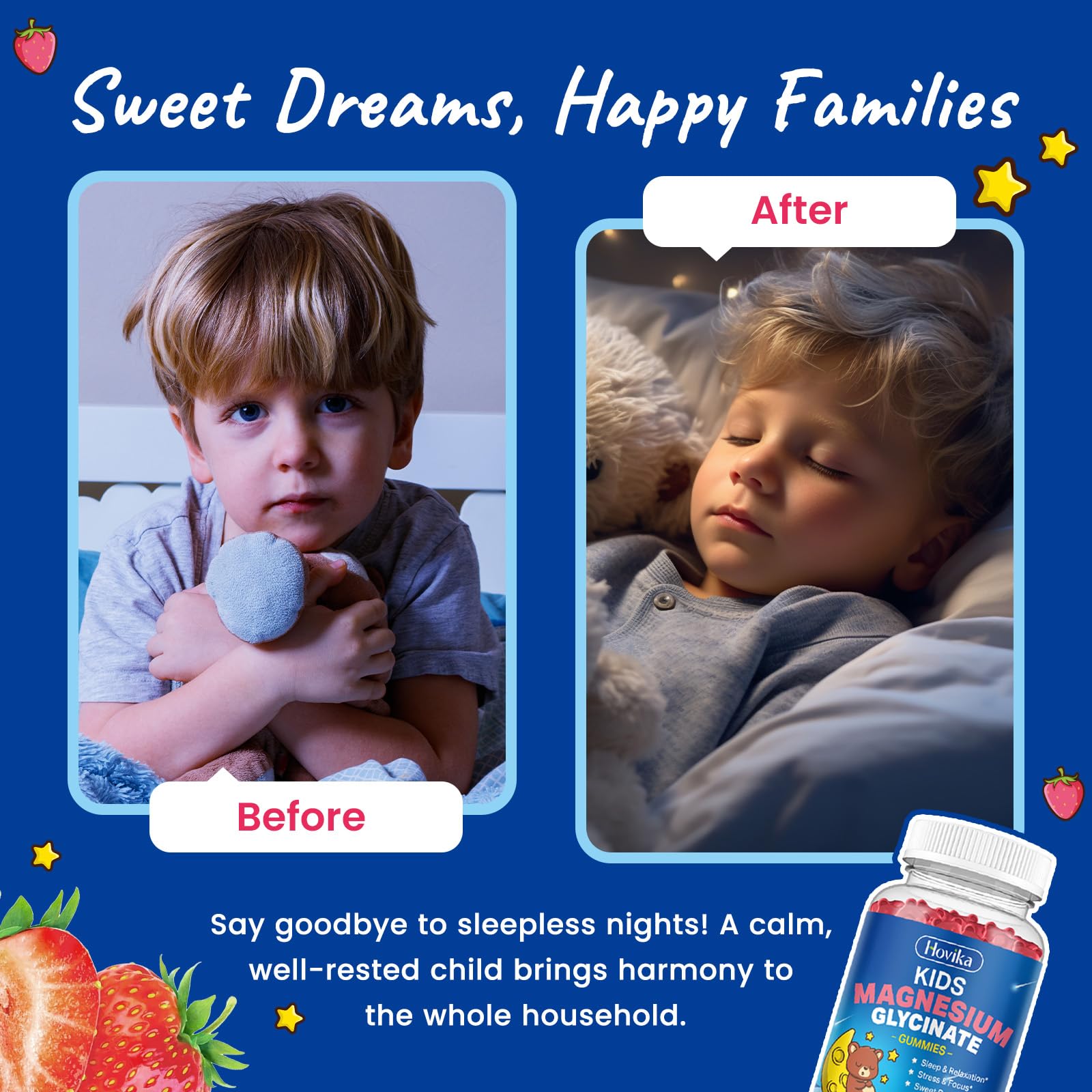 Magnesium Glycinate Gummies for Kids - with L-Theanine, Omega-3, Vitamin B6, D3, Zinc - Kids Magnesium Gummies for Sleep, Relaxation, Calm & Focus - Sugar Free Strawberry 60ct - TrustMedUSA
