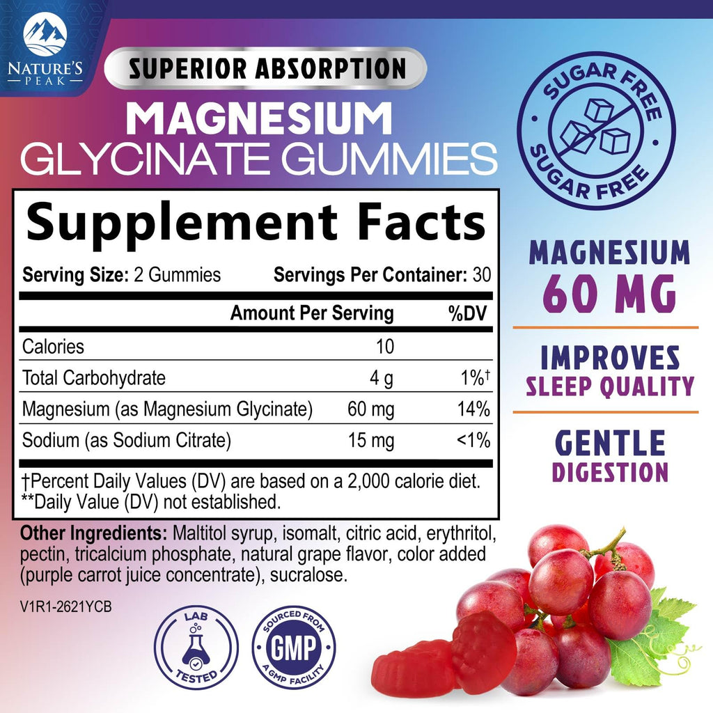 Magnesium Glycinate Gummies - Sugar Free - 100% Chelated Magnesium Gummy Supplement for Max Absorption - for Sleep Support & Heart, Muscle & Bone Health - Gentle on Stomach, Grape Flavor - 60 Gummies - TrustMedUSA