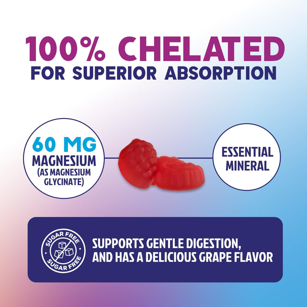 Magnesium Glycinate Gummies - Sugar Free - 100% Chelated Magnesium Gummy Supplement for Max Absorption - for Sleep Support & Heart, Muscle & Bone Health - Gentle on Stomach, Grape Flavor - 60 Gummies - TrustMedUSA