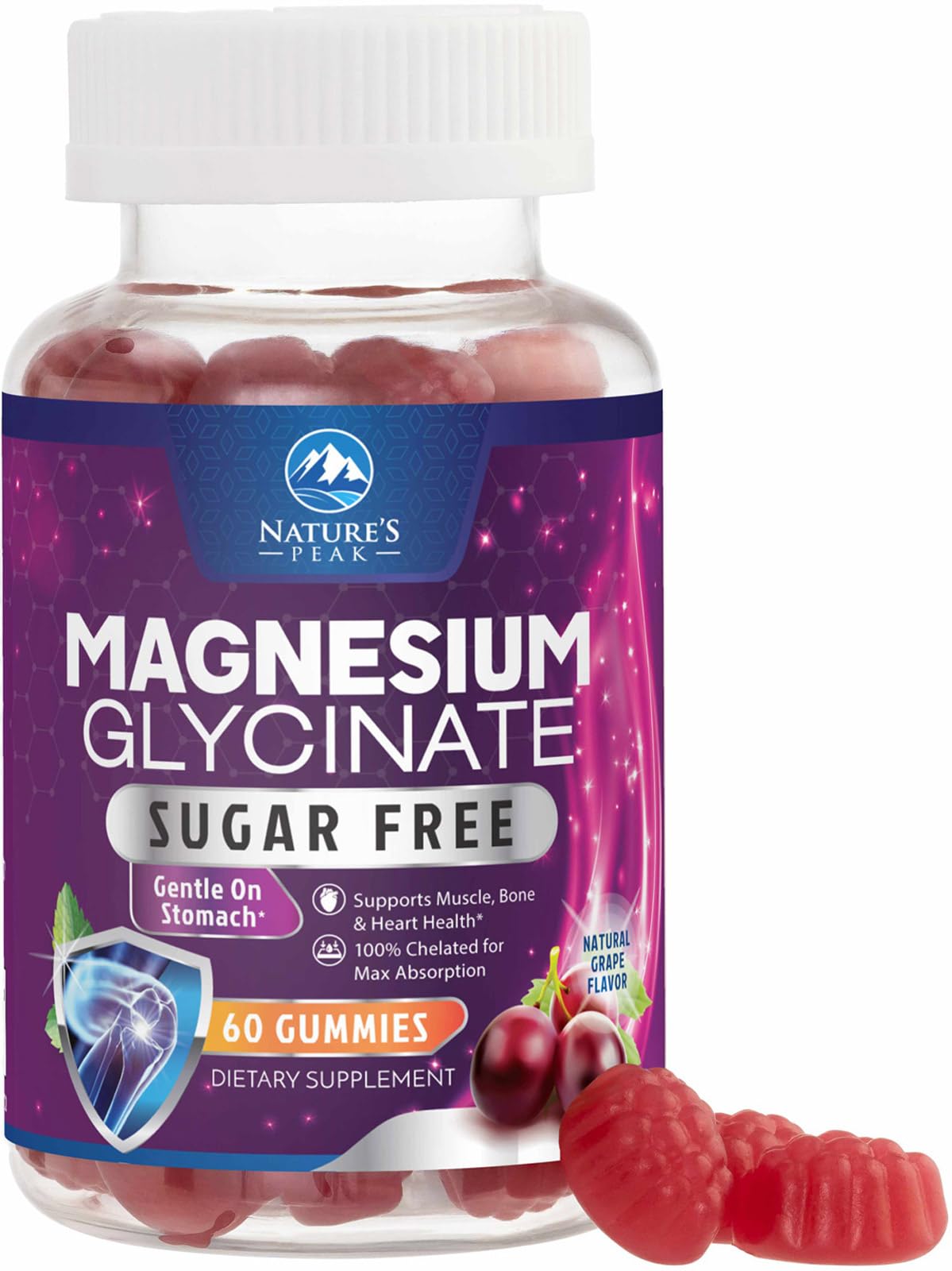 Magnesium Glycinate Gummies - Sugar Free - 100% Chelated Magnesium Gummy Supplement for Max Absorption - for Sleep Support & Heart, Muscle & Bone Health - Gentle on Stomach, Grape Flavor - 60 Gummies - TrustMedUSA