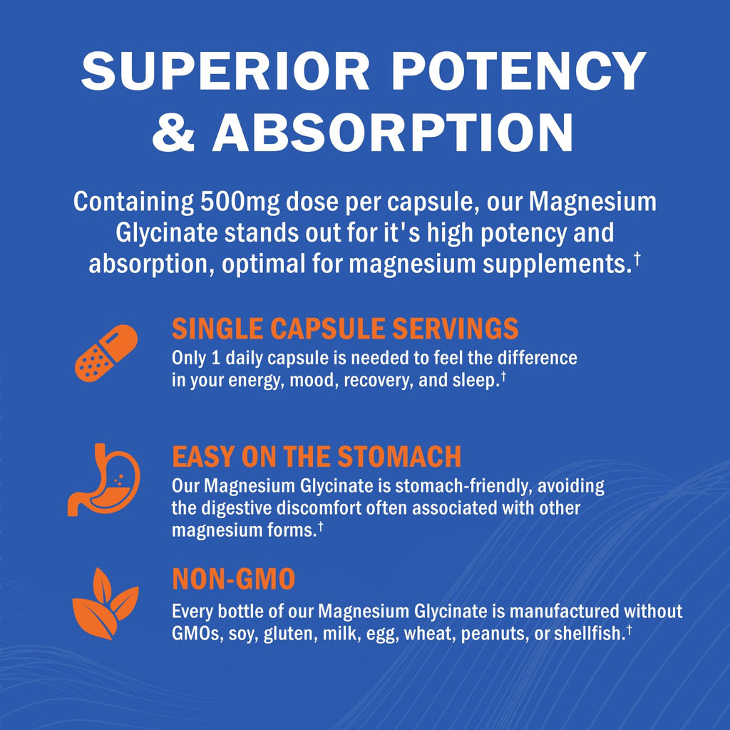 Magnesium Glycinate - High Absorption Magnesium Supplement 500mg Per Serving for Stress Relief, Sleep, Heart and Bone Health, Nerve Support - Non-GMO, Gluten-Free, Gentle on Stomach, 240 Capsules - TrustMedUSA