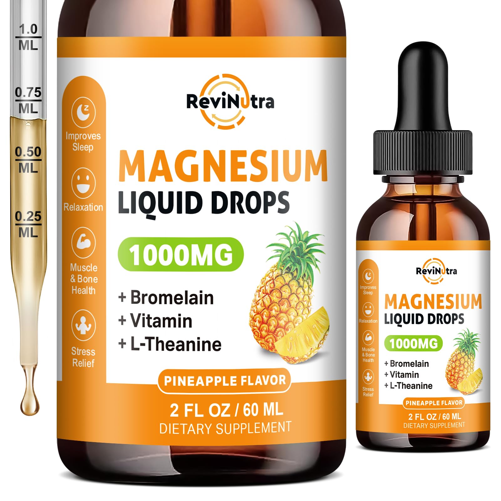 Magnesium Glycinate Liquid Drops, 1000mg of Liquid Magnesium Complex Supplement for Sleep, Nerve, Energy, Muscle, Bone, Calm & Digestion, High Absorption, 2 Fl Oz, Sugar-Free Pineapple Flavor - TrustMedUSA