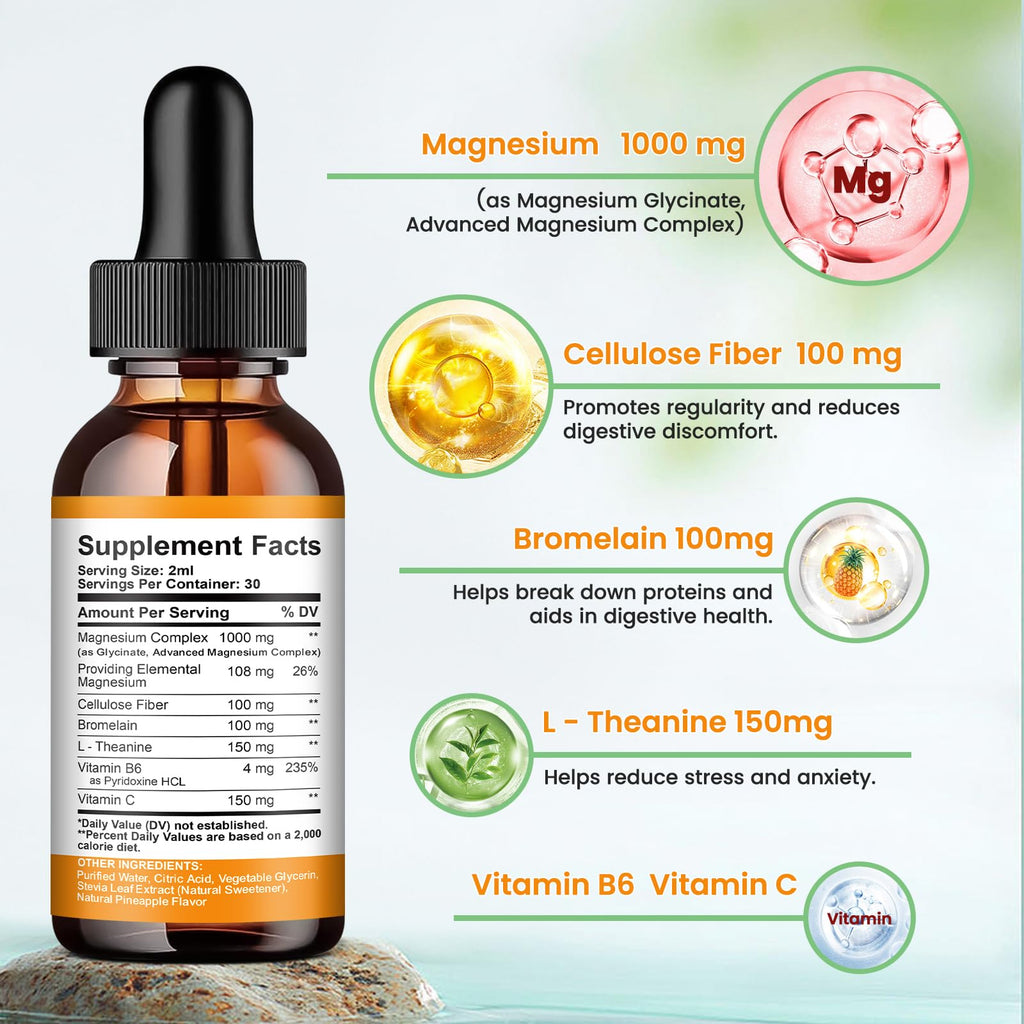 Magnesium Glycinate Liquid Drops, 1000mg of Liquid Magnesium Complex Supplement for Sleep, Nerve, Energy, Muscle, Bone, Calm & Digestion, High Absorption, 2 Fl Oz, Sugar-Free Pineapple Flavor - TrustMedUSA