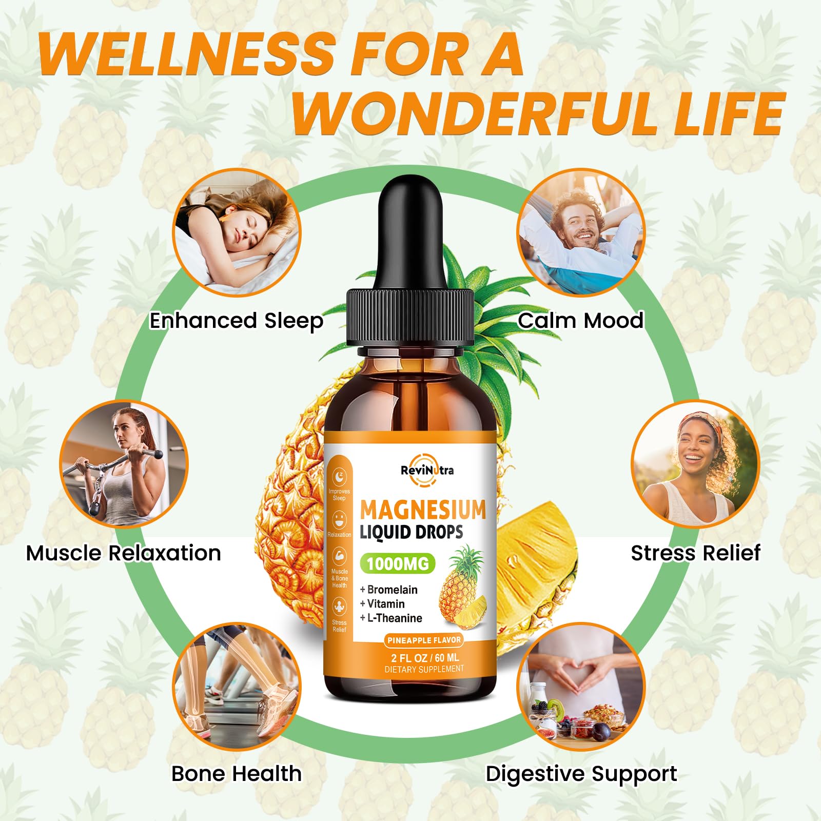 Magnesium Glycinate Liquid Drops, 1000mg of Liquid Magnesium Complex Supplement for Sleep, Nerve, Energy, Muscle, Bone, Calm & Digestion, High Absorption, 2 Fl Oz, Sugar-Free Pineapple Flavor - TrustMedUSA