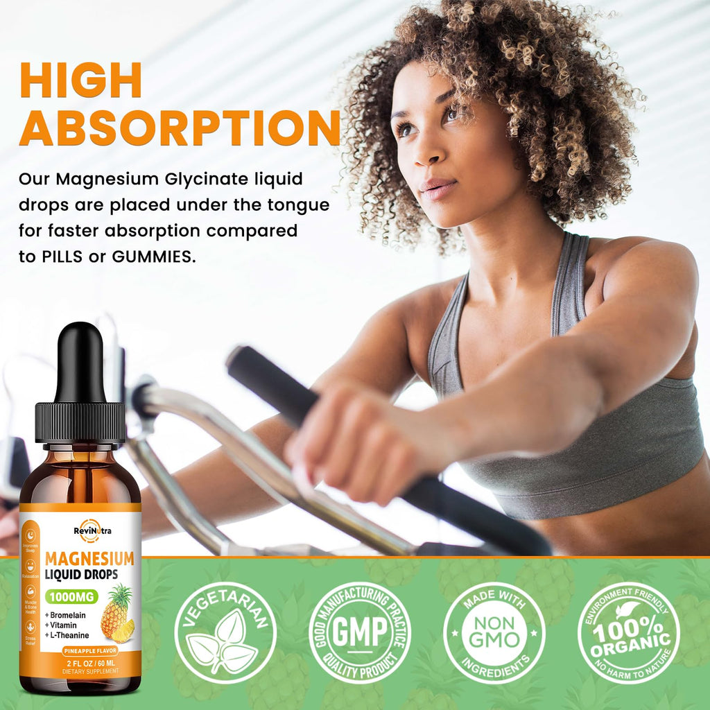Magnesium Glycinate Liquid Drops, 1000mg of Liquid Magnesium Complex Supplement for Sleep, Nerve, Energy, Muscle, Bone, Calm & Digestion, High Absorption, 2 Fl Oz, Sugar-Free Pineapple Flavor - TrustMedUSA