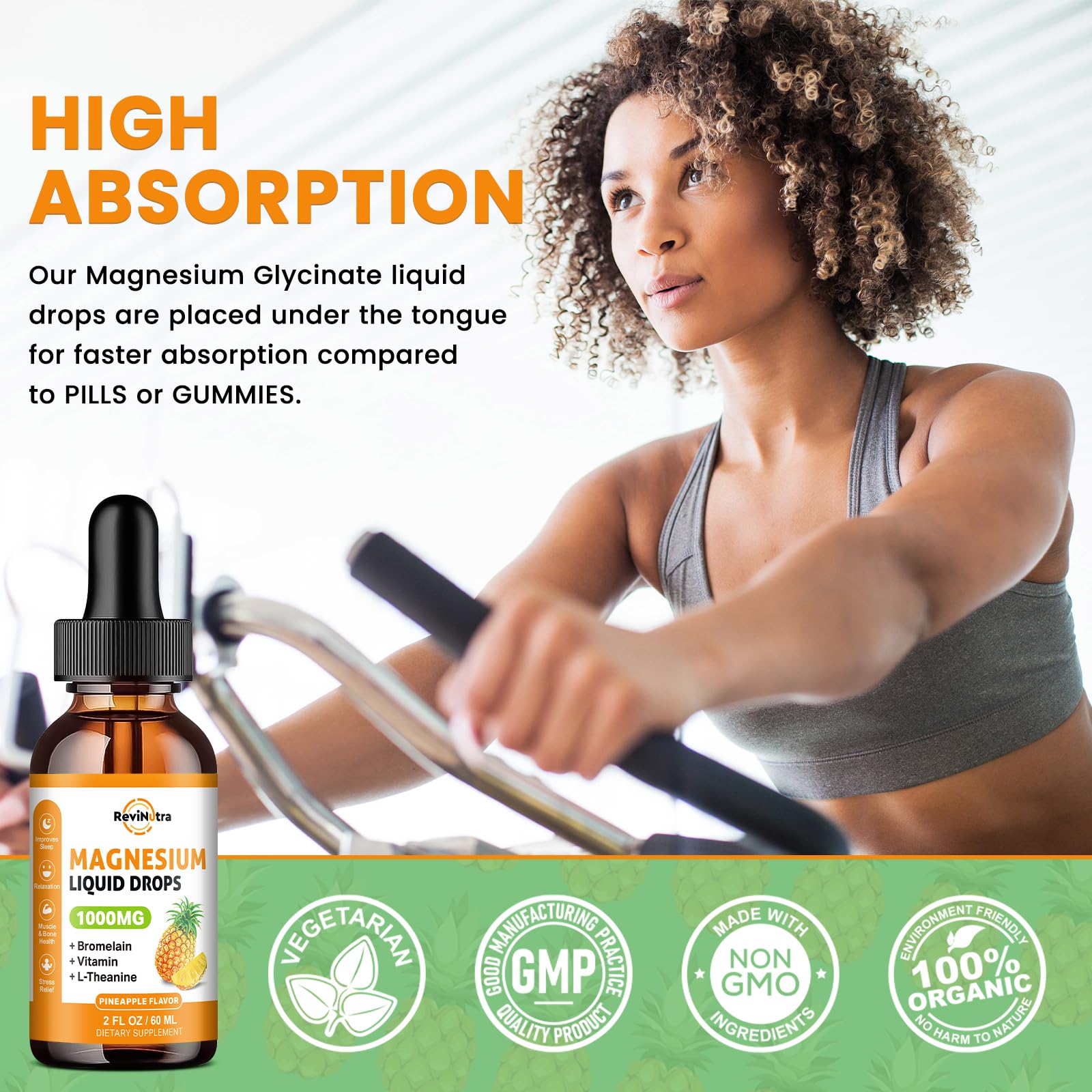 Magnesium Glycinate Liquid Drops, 1000mg of Liquid Magnesium Complex Supplement for Sleep, Nerve, Energy, Muscle, Bone, Calm & Digestion, High Absorption, 2 Fl Oz, Sugar-Free Pineapple Flavor - TrustMedUSA