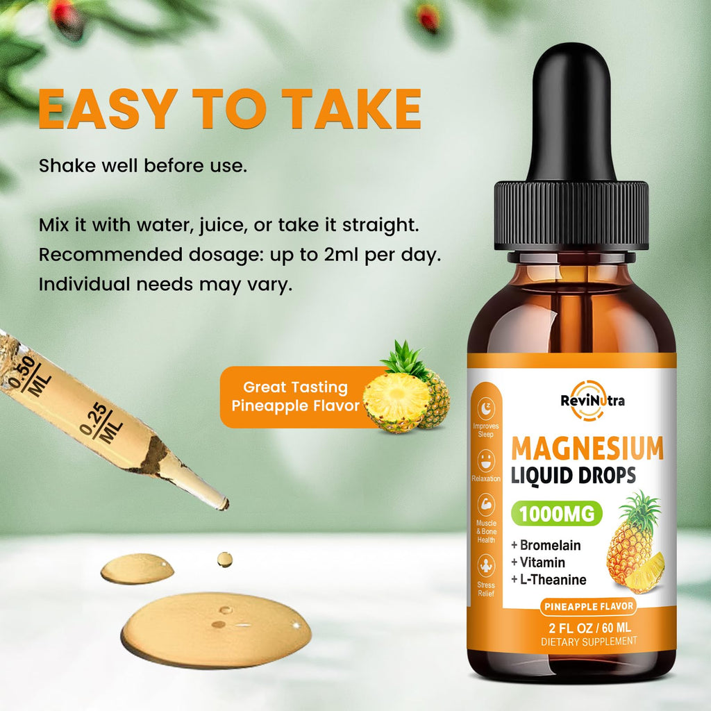 Magnesium Glycinate Liquid Drops, 1000mg of Liquid Magnesium Complex Supplement for Sleep, Nerve, Energy, Muscle, Bone, Calm & Digestion, High Absorption, 2 Fl Oz, Sugar-Free Pineapple Flavor - TrustMedUSA
