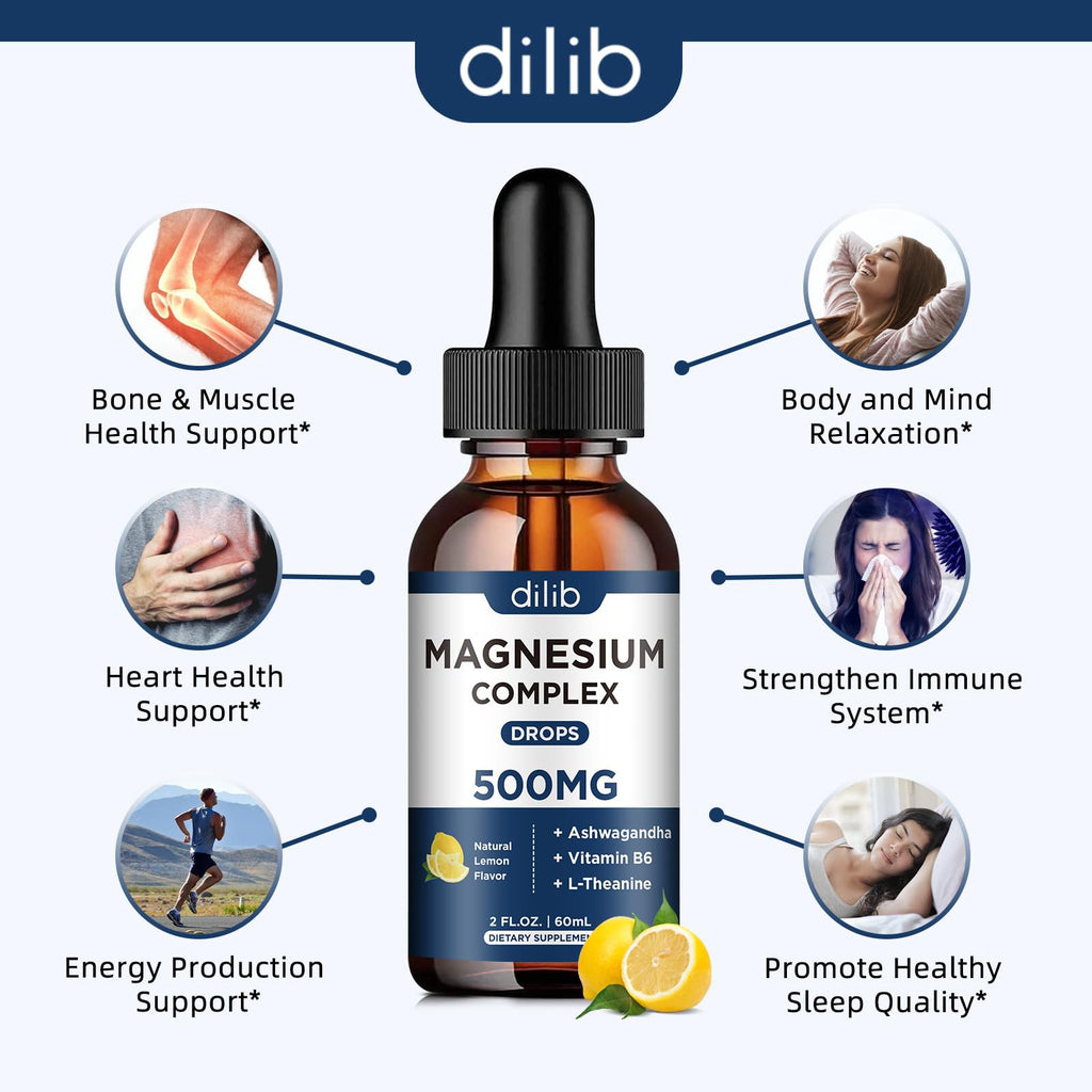 Magnesium Glycinate Liquid Drops, Triple Magnesium Complex Supplement with Citrate, Malate 500mg Ashwagandha, L-Theanine, Vitamin B6 for Sleep, Calm, Stress Relief, Bone, Muscle, Mood - Lemon Flavor - TrustMedUSA