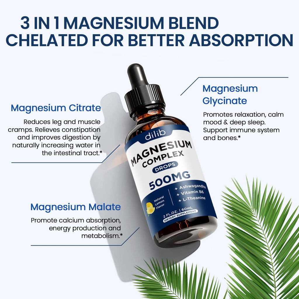 Magnesium Glycinate Liquid Drops, Triple Magnesium Complex Supplement with Citrate, Malate 500mg Ashwagandha, L-Theanine, Vitamin B6 for Sleep, Calm, Stress Relief, Bone, Muscle, Mood - Lemon Flavor - TrustMedUSA