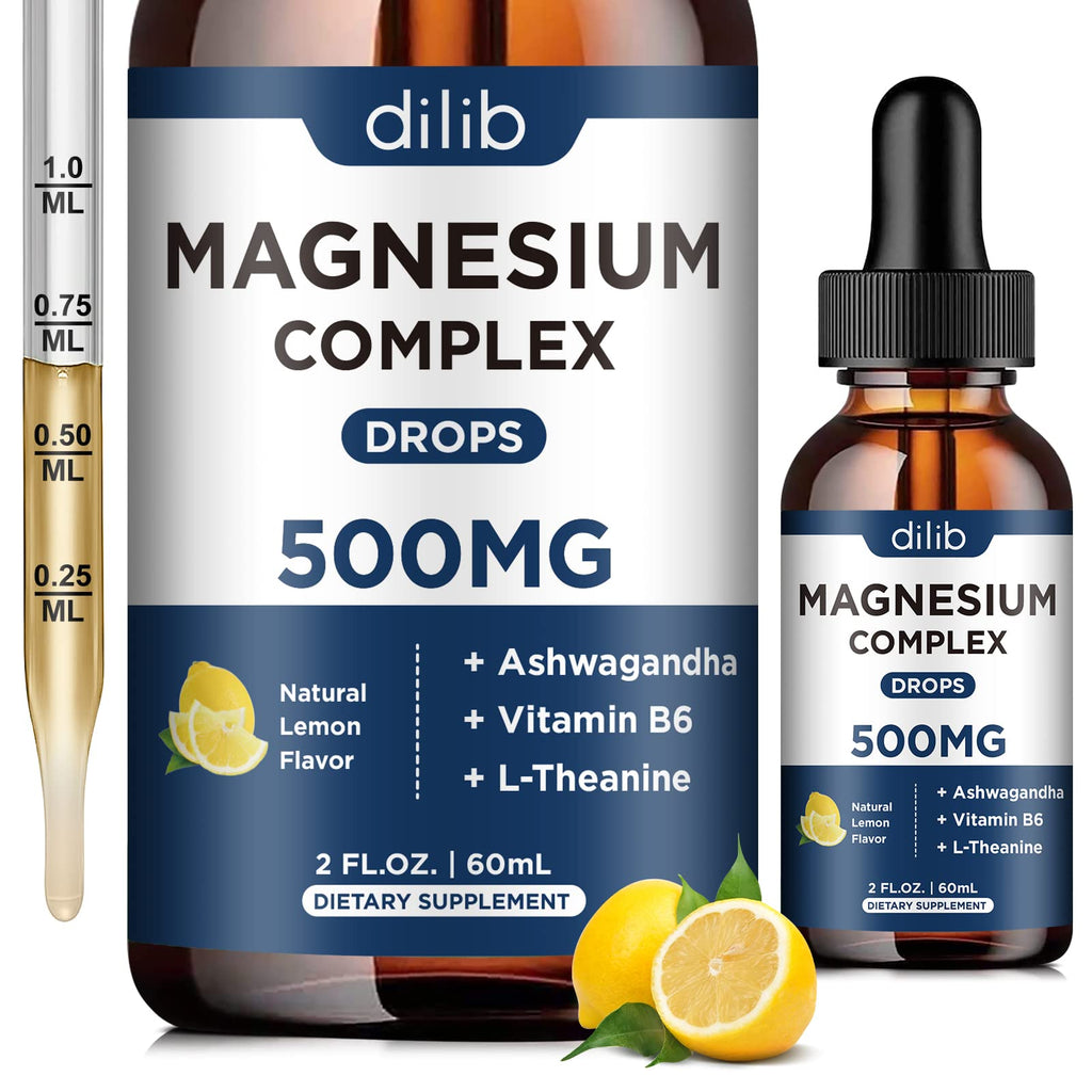 Magnesium Glycinate Liquid Drops, Triple Magnesium Complex Supplement with Citrate, Malate 500mg Ashwagandha, L-Theanine, Vitamin B6 for Sleep, Calm, Stress Relief, Bone, Muscle, Mood - Lemon Flavor - TrustMedUSA