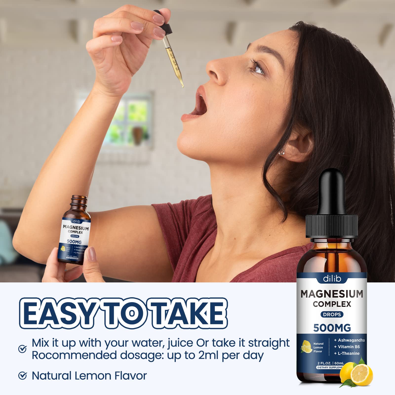 Magnesium Glycinate Liquid Drops, Triple Magnesium Complex Supplement with Citrate, Malate 500mg Ashwagandha, L-Theanine, Vitamin B6 for Sleep, Calm, Stress Relief, Bone, Muscle, Mood - Lemon Flavor - TrustMedUSA