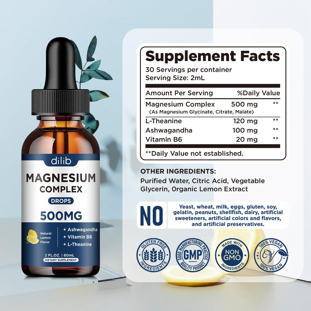 Magnesium Glycinate Liquid Drops, Triple Magnesium Complex Supplement with Citrate, Malate 500mg Ashwagandha, L-Theanine, Vitamin B6 for Sleep, Calm, Stress Relief, Bone, Muscle, Mood - Lemon Flavor - TrustMedUSA