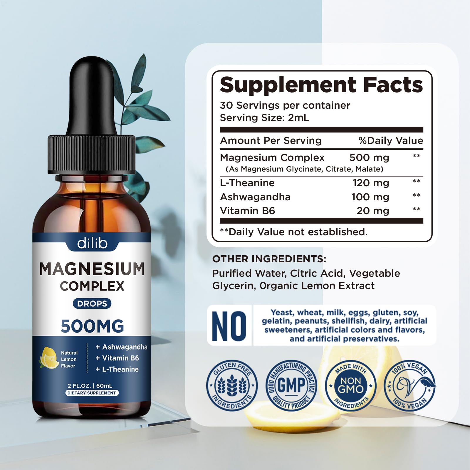 Magnesium Glycinate Liquid Drops, Triple Magnesium Complex Supplement with Citrate, Malate 500mg Ashwagandha, L-Theanine, Vitamin B6 for Sleep, Calm, Stress Relief, Bone, Muscle, Mood - Lemon Flavor - TrustMedUSA