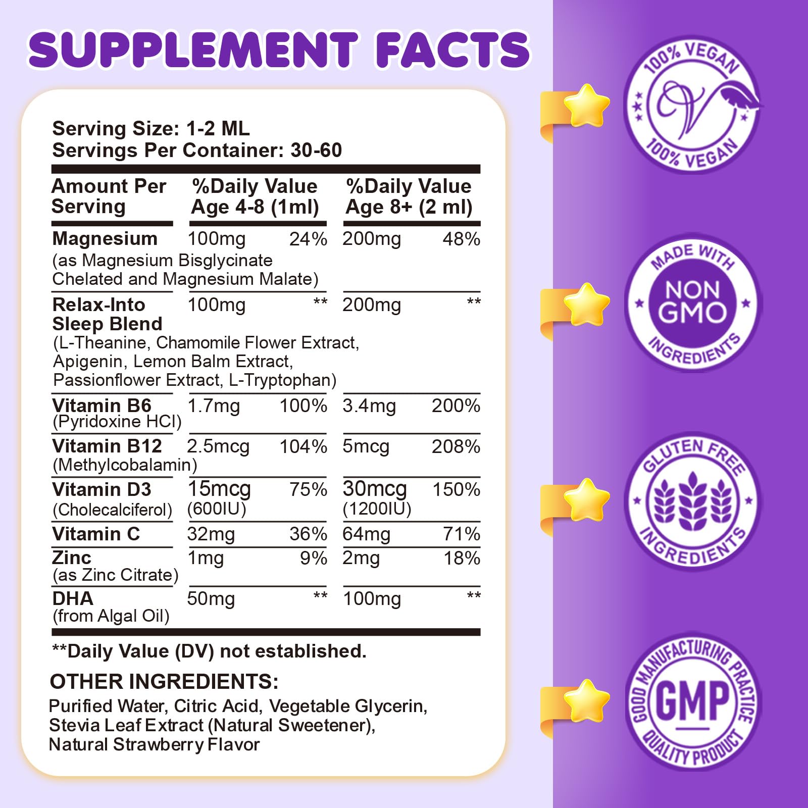 Magnesium Glycinate Liquid for Kids - Magnesium Bisglycinate Drops with L-Theanine, Chamomile & Vitamin B6, B12, C, D3 for Sleep, Relaxation, Immune Support, Calm & Focus - 2 Fl Oz, Strawberry Flavor - TrustMedUSA