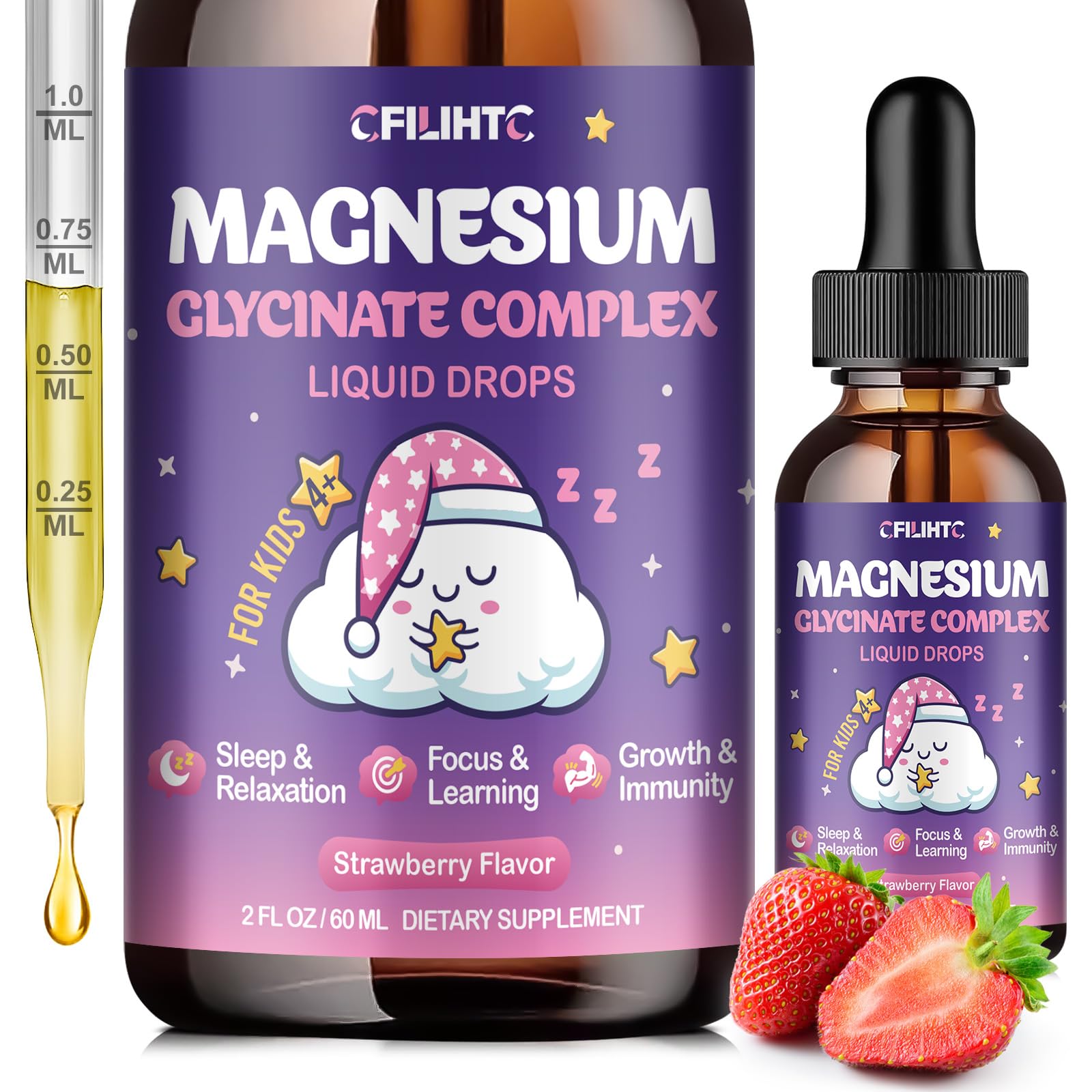 Magnesium Glycinate Liquid for Kids - Magnesium Bisglycinate Drops with L-Theanine, Chamomile & Vitamin B6, B12, C, D3 for Sleep, Relaxation, Immune Support, Calm & Focus - 2 Fl Oz, Strawberry Flavor - TrustMedUSA