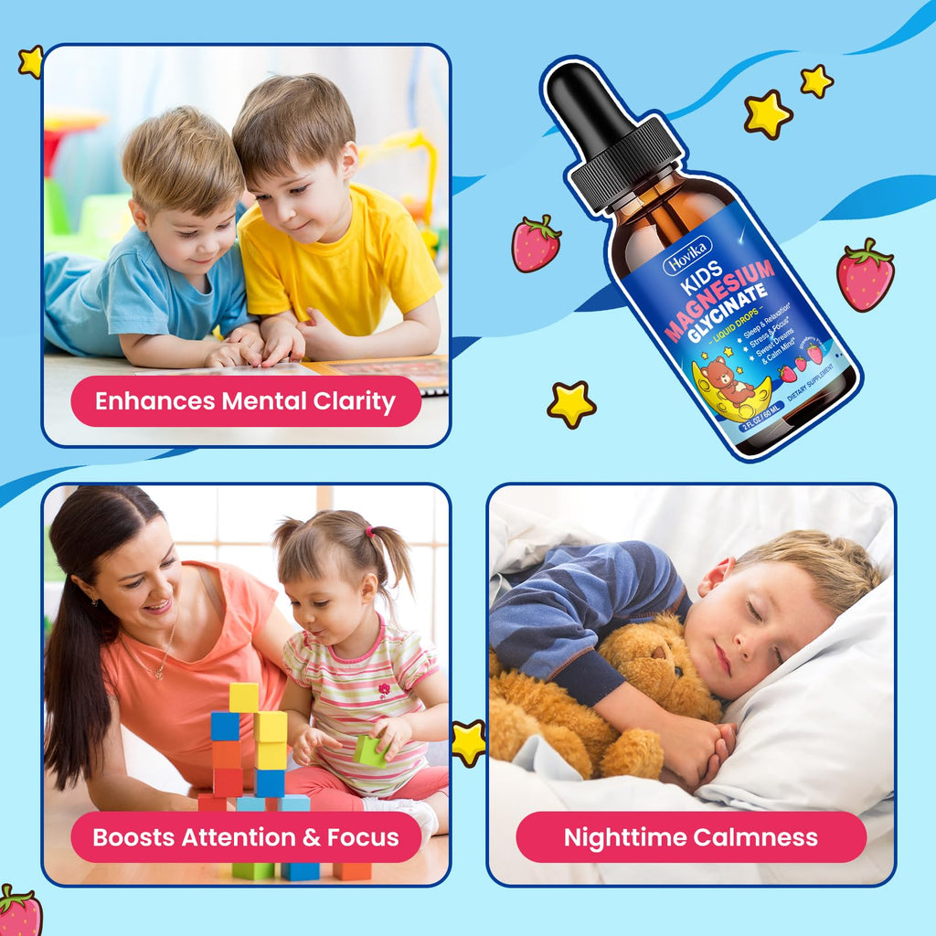 Magnesium Glycinate Liquid for Kids - with L-Theanine Omega-3, Vitamin B6, D3, Zinc - Kids Magnesium Drops for Sleep, Relaxation - TrustMedUSA