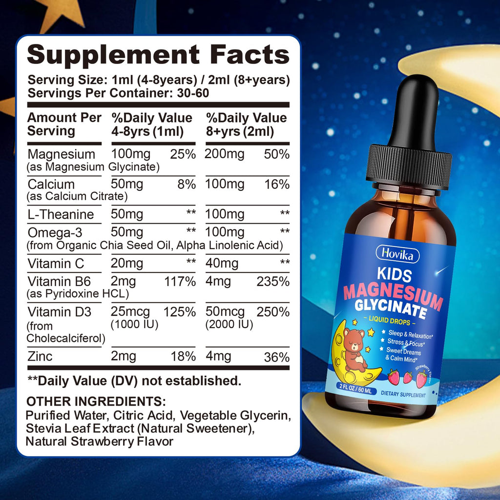 Magnesium Glycinate Liquid for Kids - with L-Theanine Omega-3, Vitamin B6, D3, Zinc - Kids Magnesium Drops for Sleep, Relaxation - TrustMedUSA
