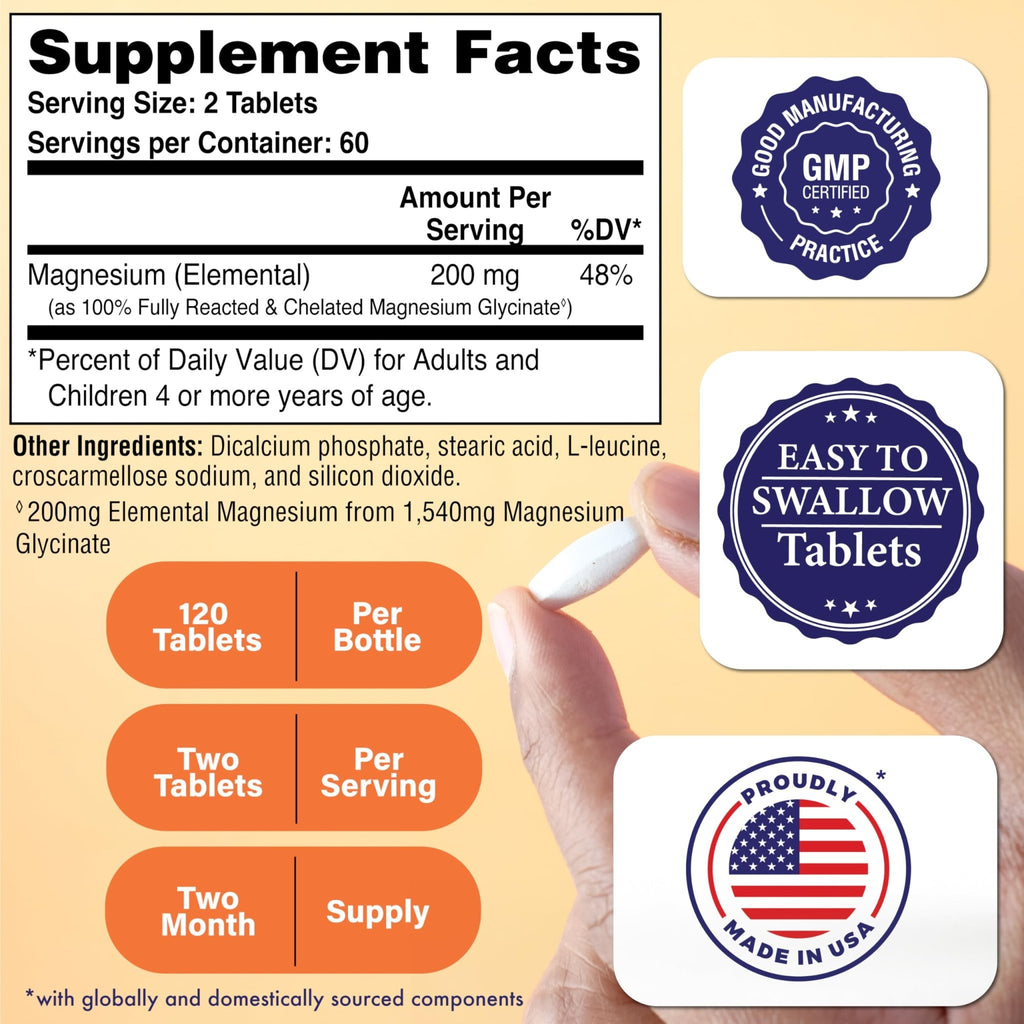 Magnesium Glycinate - Muscle, Nerves, Relaxation & Sleep Supplement | 200mg Elemental Magnesium Fully Reacted Chelated | Gentle on the Stomach | Non-GMO 120 Tablets | by Health Thru Nutrition - TrustMedUSA