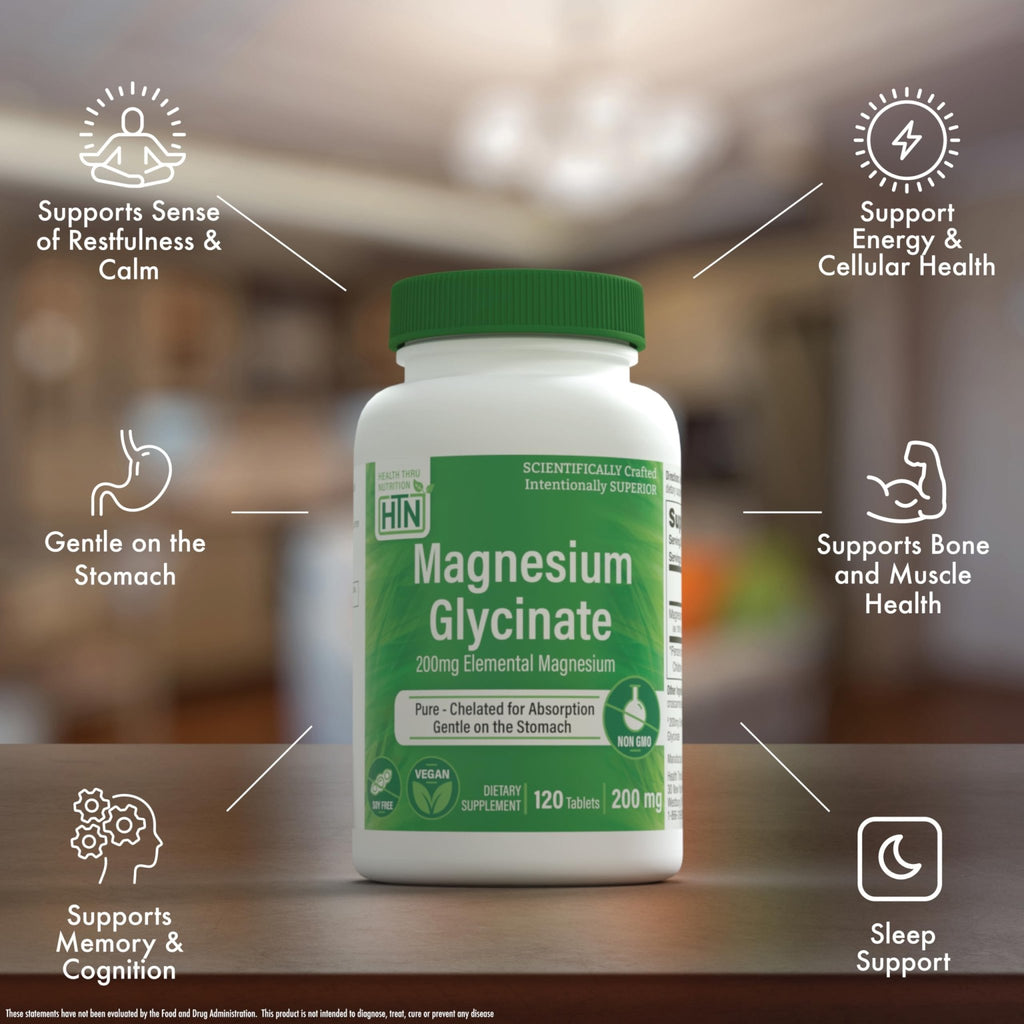 Magnesium Glycinate - Muscle, Nerves, Relaxation & Sleep Supplement | 200mg Elemental Magnesium Fully Reacted Chelated | Gentle on the Stomach | Non-GMO 120 Tablets | by Health Thru Nutrition - TrustMedUSA