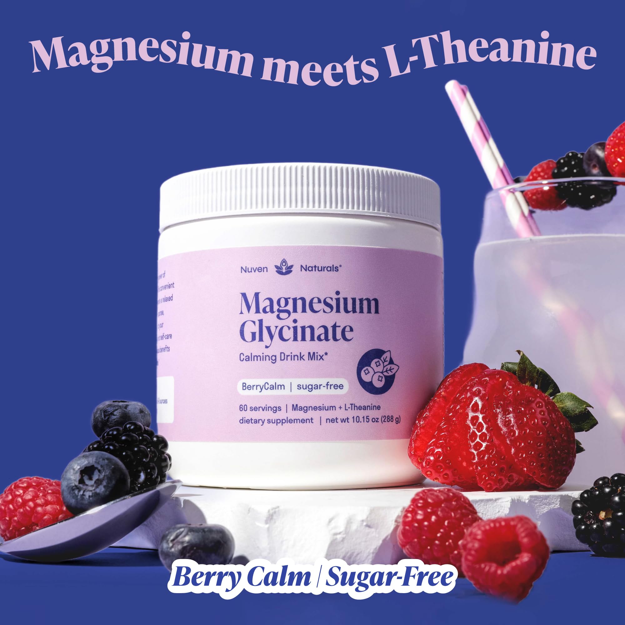 Magnesium Glycinate Powder + L-Theanine | 60 Servings | 300 mg per Scoop High Absorption Chelated Magnesium Powder for Sleep - Natural Mixed Berry Flavor, No Sugar, Support Restful Sleep & Relaxation - TrustMedUSA
