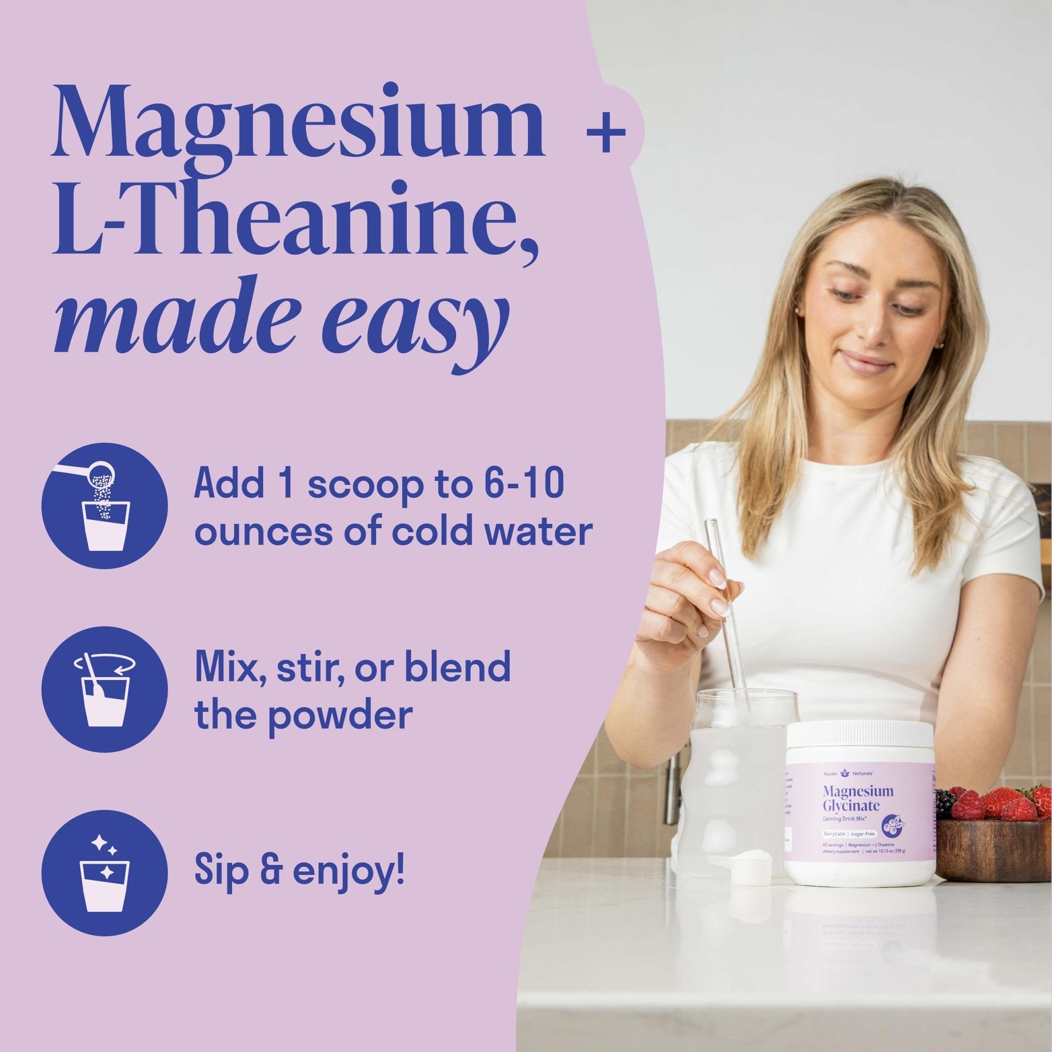 Magnesium Glycinate Powder + L-Theanine | 60 Servings | 300 mg per Scoop High Absorption Chelated Magnesium Powder for Sleep - Natural Mixed Berry Flavor, No Sugar, Support Restful Sleep & Relaxation - TrustMedUSA