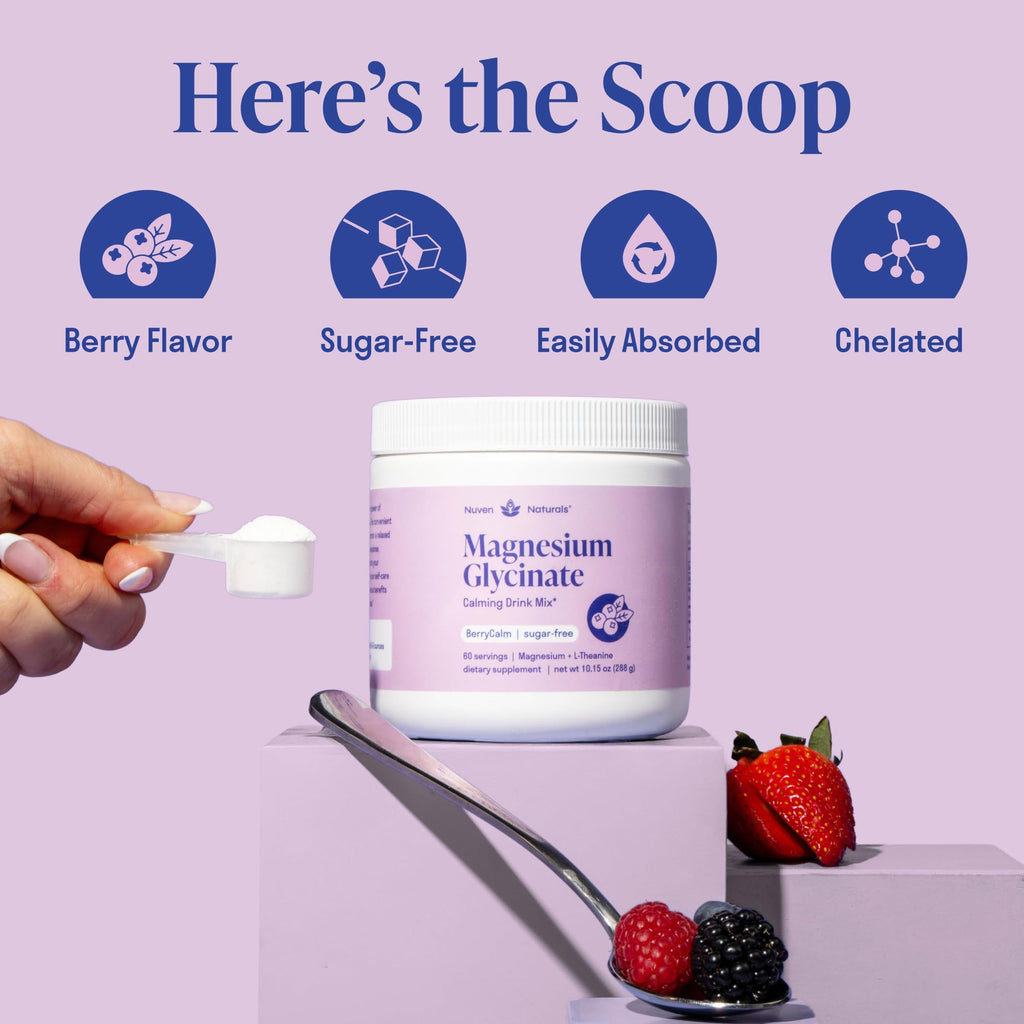 Magnesium Glycinate Powder + L-Theanine | 60 Servings | 300 mg per Scoop High Absorption Chelated Magnesium Powder for Sleep - Natural Mixed Berry Flavor, No Sugar, Support Restful Sleep & Relaxation - TrustMedUSA