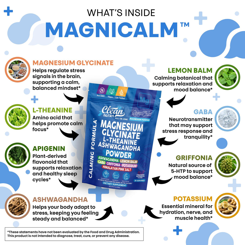 Magnesium Glycinate Powder Supplement + L Theanine Ashwagandha Glycine Apigenin Lemon Balm GABA 5HTP Pink Salt Potassium L Tryptophan Calcium | Powdered Sleep Aid Calm Trace Minerals Vitamin - TrustMedUSA