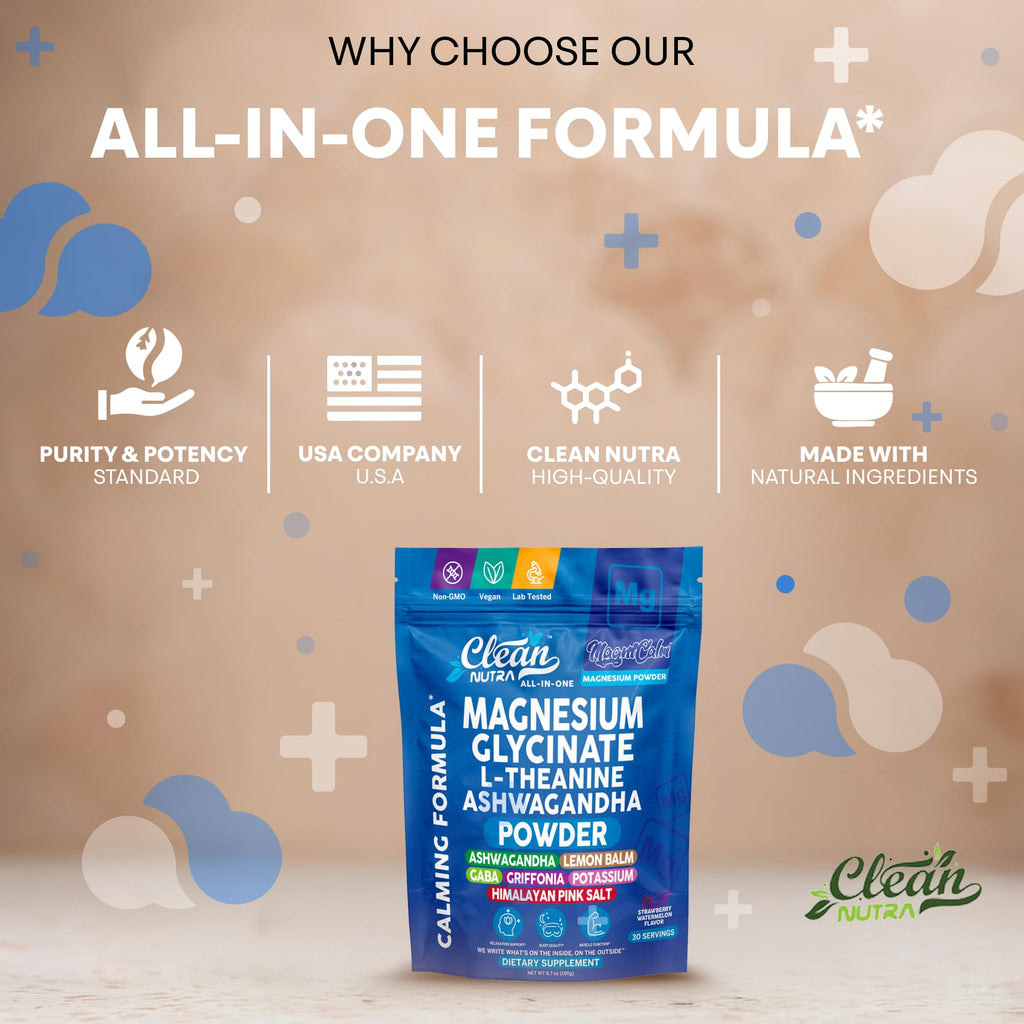 Magnesium Glycinate Powder Supplement + L Theanine Ashwagandha Glycine Apigenin Lemon Balm GABA 5HTP Pink Salt Potassium L Tryptophan Calcium | Powdered Sleep Aid Calm Trace Minerals Vitamin - TrustMedUSA