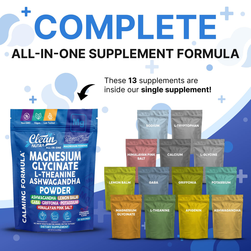 Magnesium Glycinate Powder Supplement + L Theanine Ashwagandha Glycine Apigenin Lemon Balm GABA 5HTP Pink Salt Potassium L Tryptophan Calcium | Powdered Sleep Aid Calm Trace Minerals Vitamin - TrustMedUSA