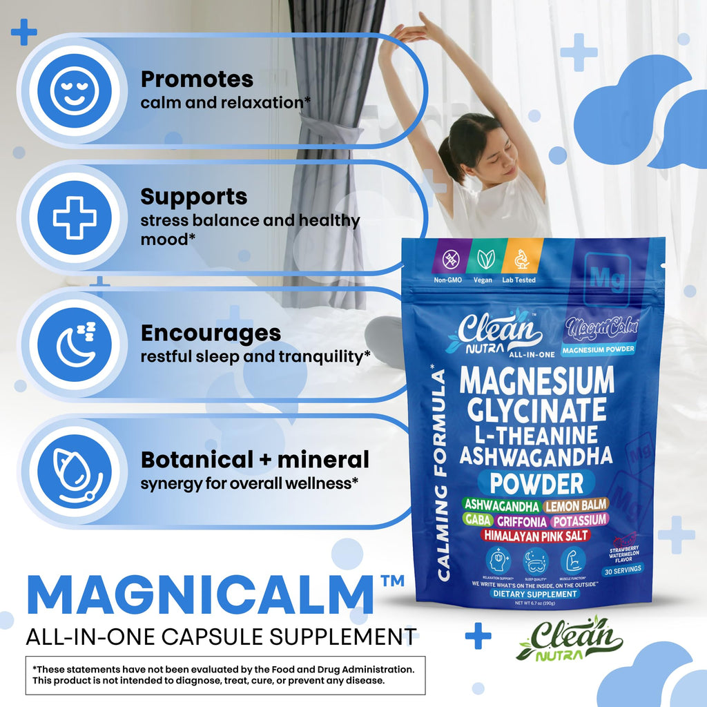 Magnesium Glycinate Powder Supplement + L Theanine Ashwagandha Glycine Apigenin Lemon Balm GABA 5HTP Pink Salt Potassium L Tryptophan Calcium | Powdered Sleep Aid Calm Trace Minerals Vitamin - TrustMedUSA