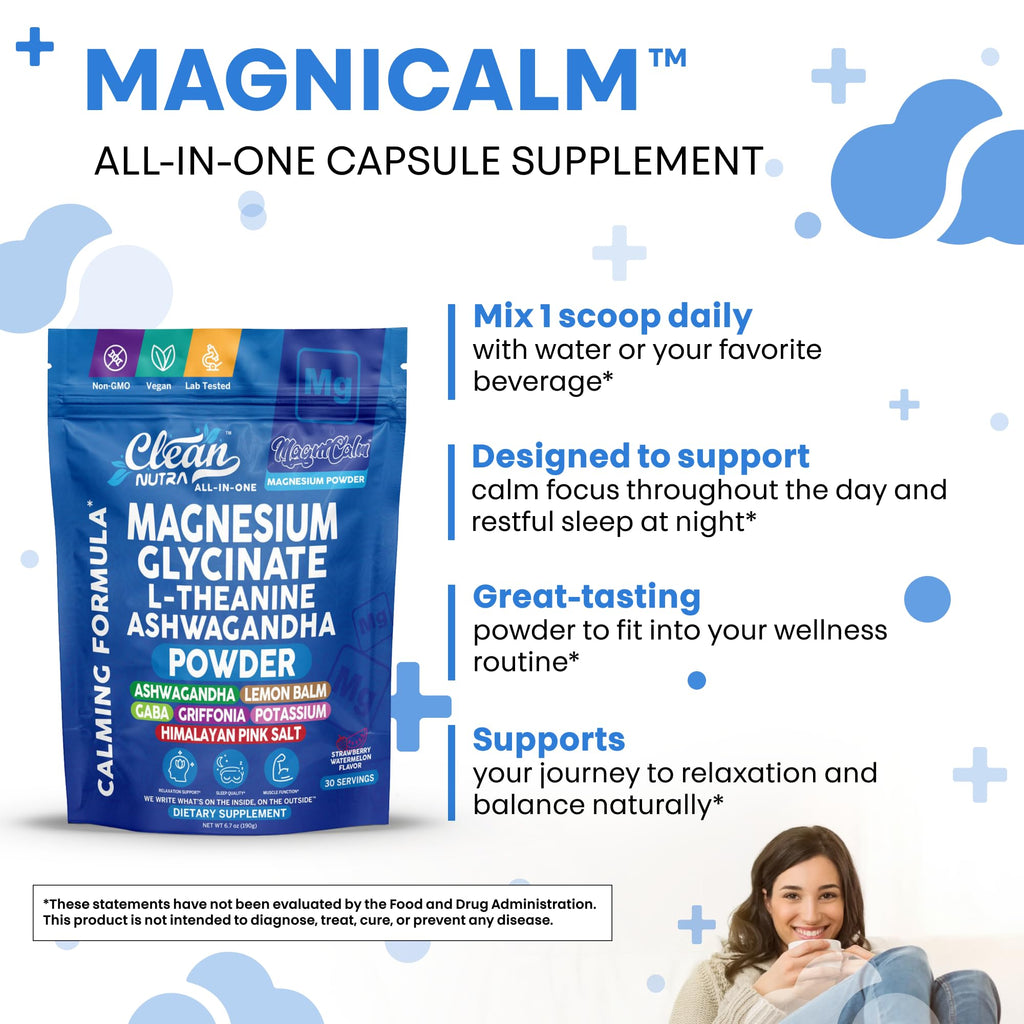 Magnesium Glycinate Powder Supplement + L Theanine Ashwagandha Glycine Apigenin Lemon Balm GABA 5HTP Pink Salt Potassium L Tryptophan Calcium | Powdered Sleep Aid Calm Trace Minerals Vitamin - TrustMedUSA