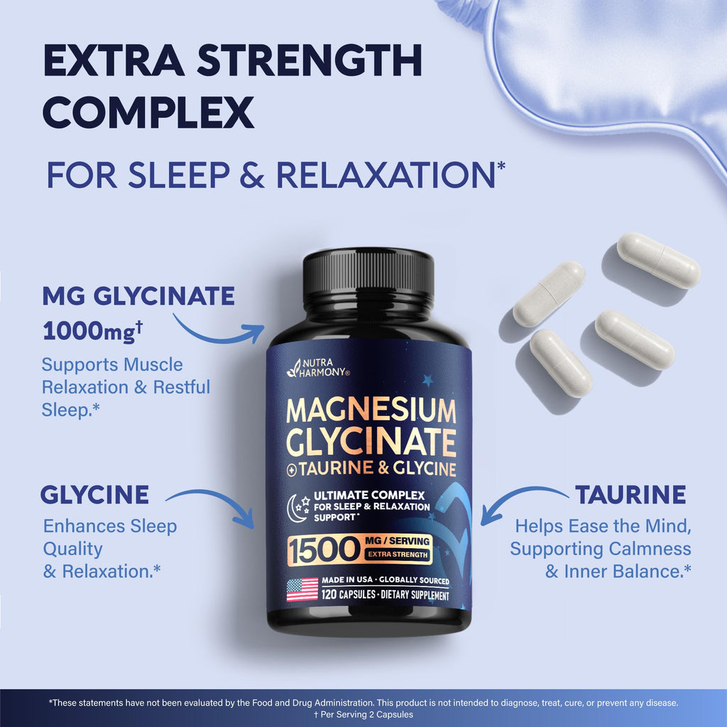 Magnesium Glycinate - Sleep & Relaxation Support - Extra Strength Glycinate, Glycine & Taurine 1500 mg - Magnesium Supplement for Women & Men - Chelated & High Absorption - Made in USA - 120 Capsules - TrustMedUSA