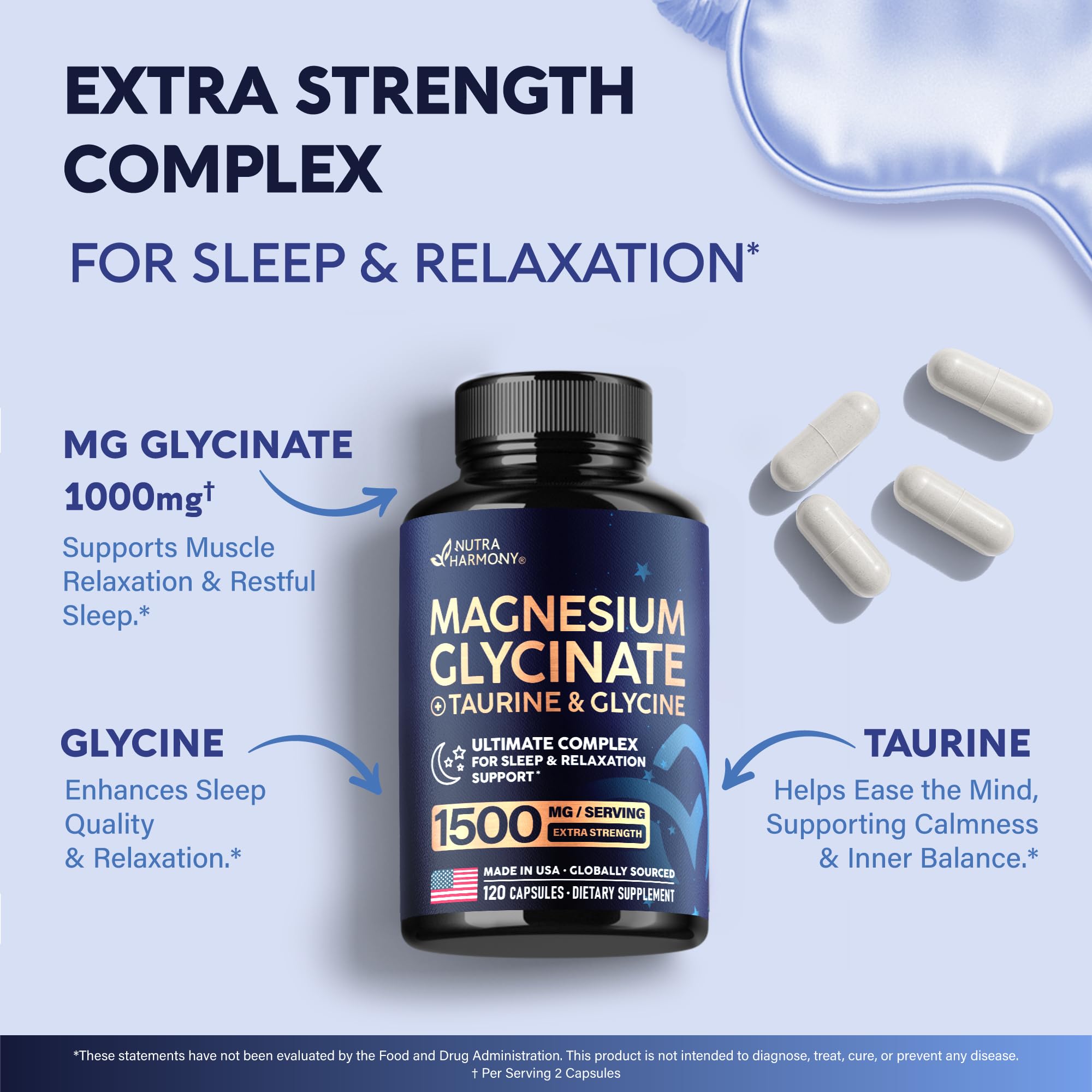 Magnesium Glycinate - Sleep & Relaxation Support - Extra Strength Glycinate, Glycine & Taurine 1500 mg - Magnesium Supplement for Women & Men - Chelated & High Absorption - Made in USA - 120 Capsules - TrustMedUSA