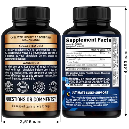 Magnesium Glycinate - Sleep & Relaxation Support - Extra Strength Glycinate, Glycine & Taurine 1500 mg - Magnesium Supplement for Women & Men - Chelated & High Absorption - Made in USA - 120 Capsules - TrustMedUSA