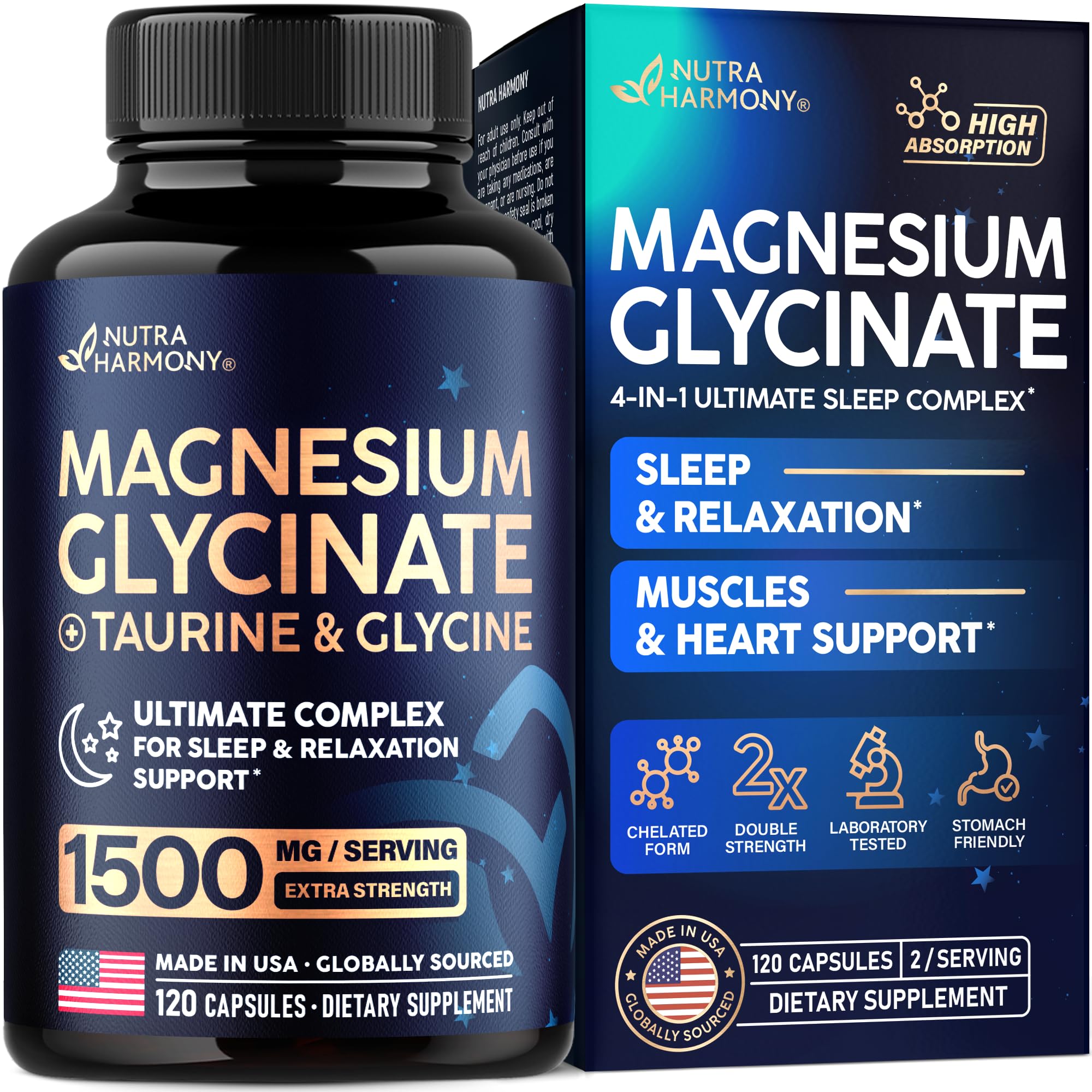 Magnesium Glycinate - Sleep & Relaxation Support - Extra Strength Glycinate, Glycine & Taurine 1500 mg - Magnesium Supplement for Women & Men - Chelated & High Absorption - Made in USA - 120 Capsules - TrustMedUSA