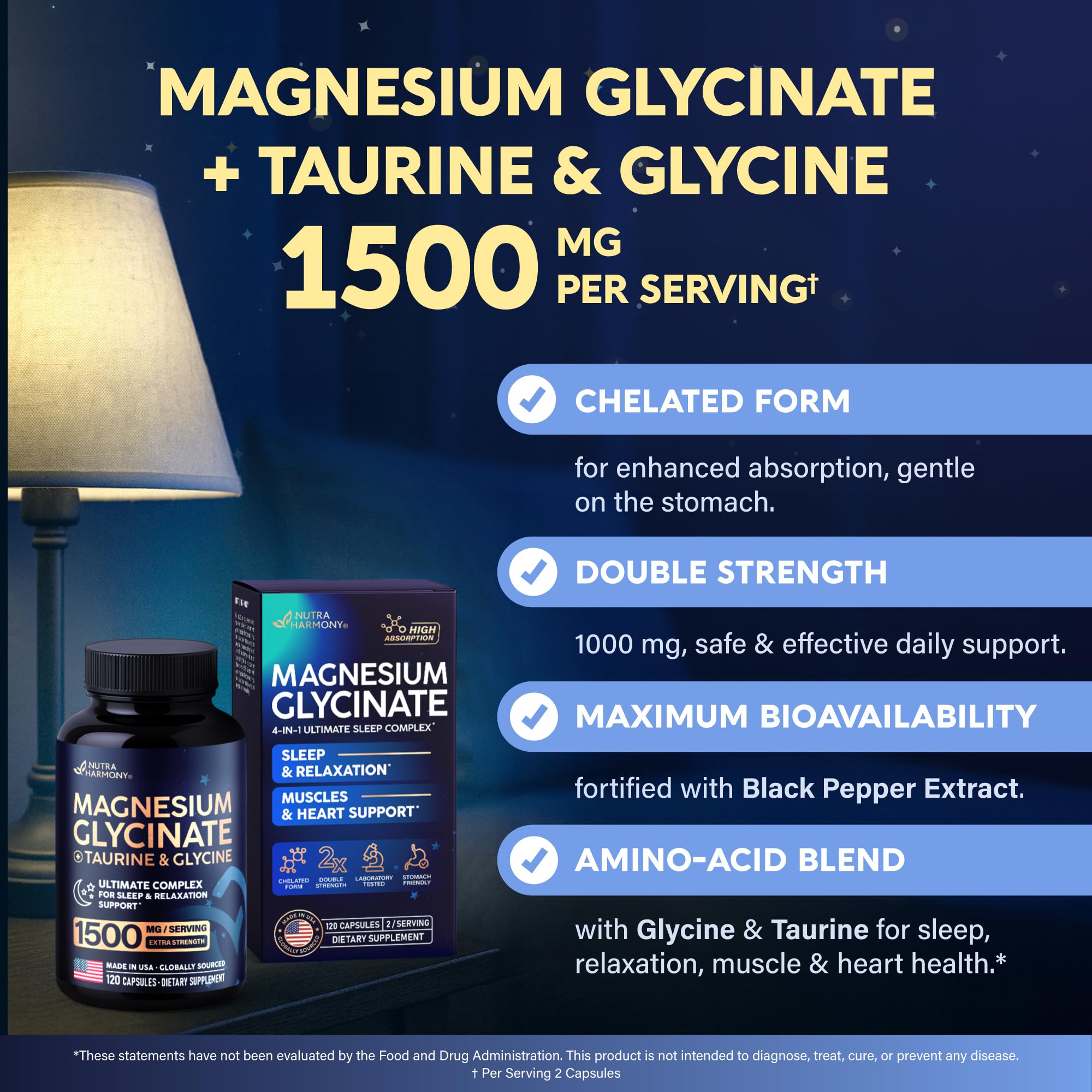 Magnesium Glycinate - Sleep & Relaxation Support - Extra Strength Glycinate, Glycine & Taurine 1500 mg - Magnesium Supplement for Women & Men - Chelated & High Absorption - Made in USA - 120 Capsules - TrustMedUSA