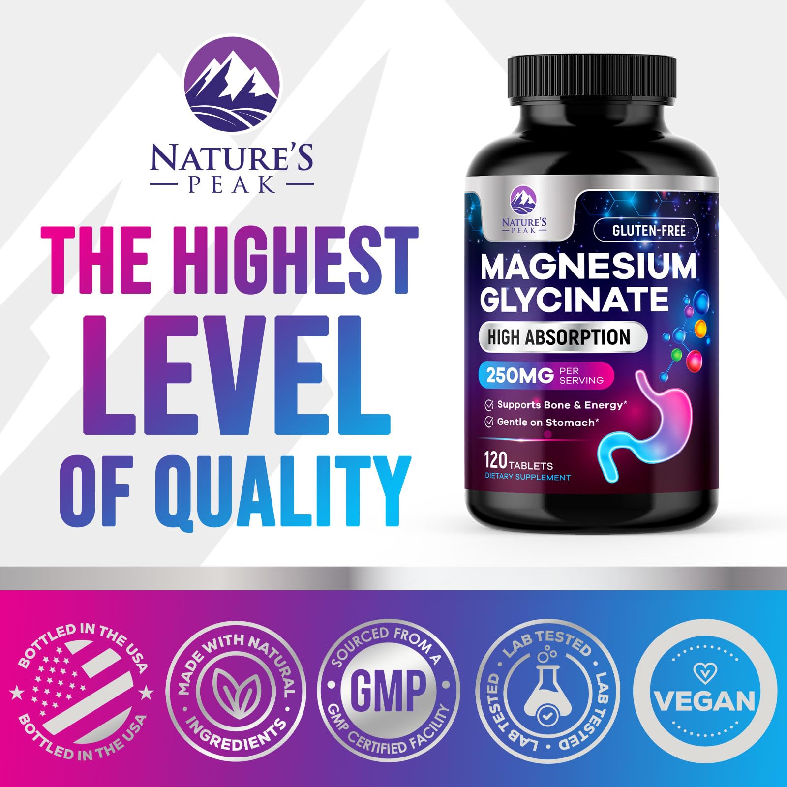 Magnesium Glycinate Supplement 250mg - 100% Chelated & Purified - to Support Sleep, Heart Health, Muscles, & Bone Strength - Best Absorption Magnesium Glycinate Capsules, Bottled in USA - 120 Tablets - TrustMedUSA