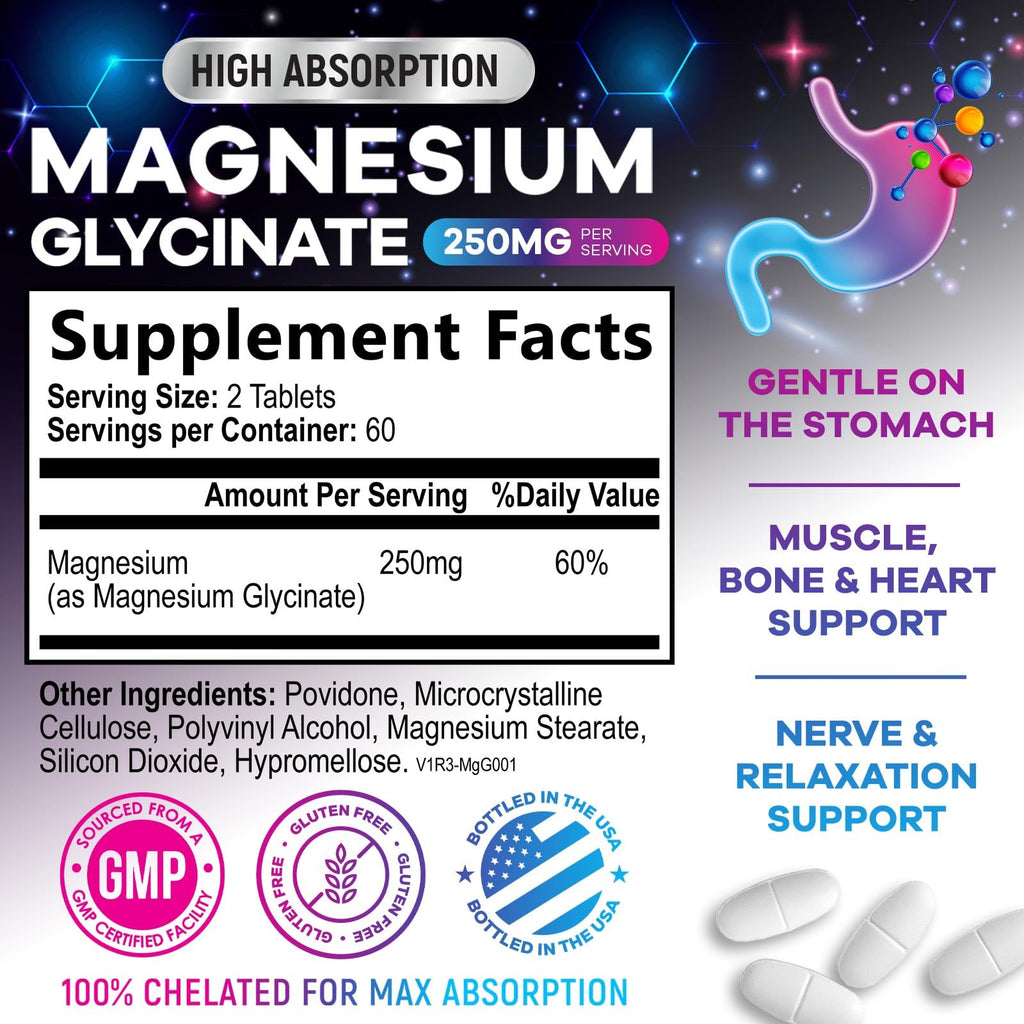 Magnesium Glycinate Supplement 250mg - 100% Chelated & Purified - to Support Sleep, Heart Health, Muscles, & Bone Strength - Best Absorption Magnesium Glycinate Capsules, Bottled in USA - 120 Tablets - TrustMedUSA