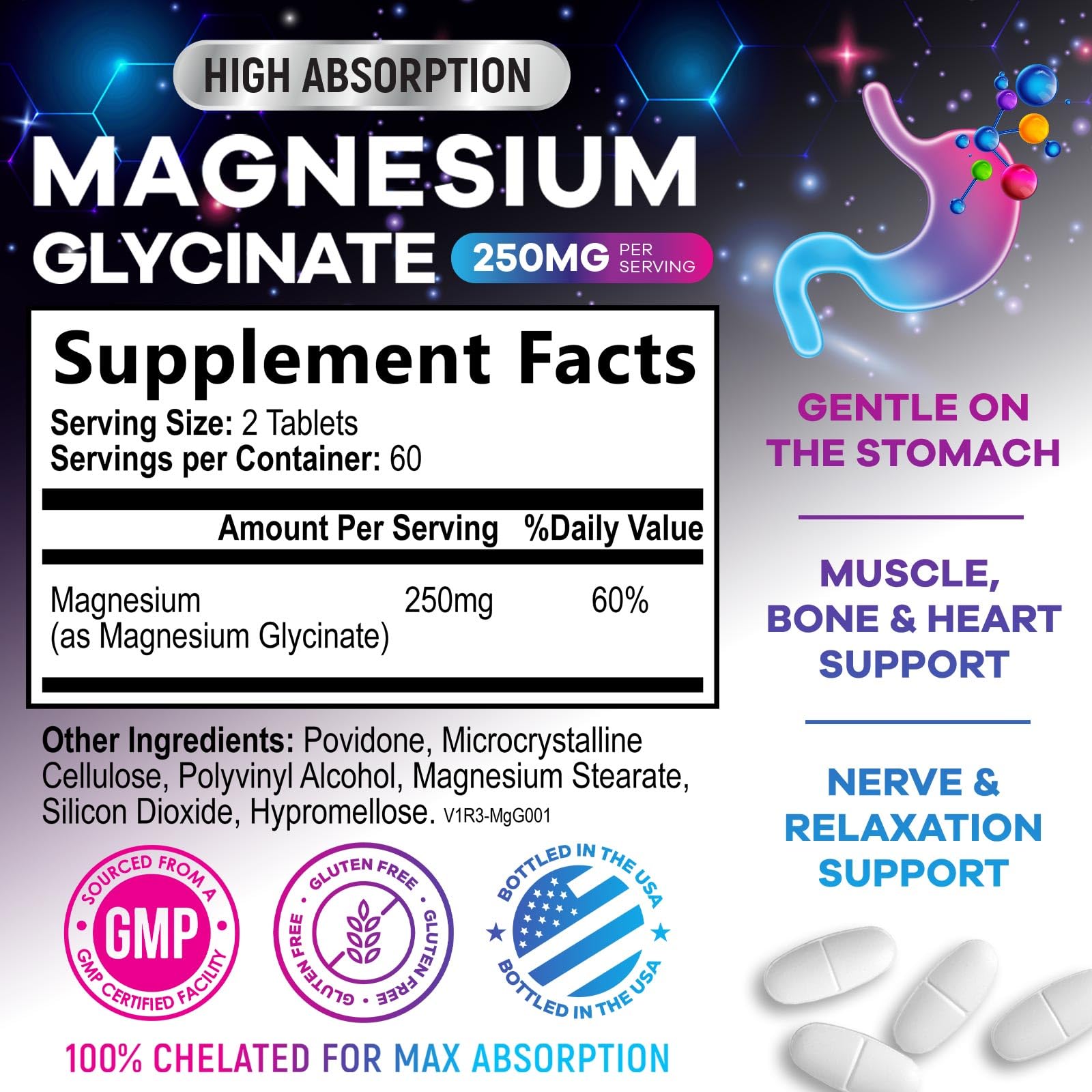 Magnesium Glycinate Supplement 250mg - 100% Chelated & Purified - to Support Sleep, Heart Health, Muscles, & Bone Strength - Best Absorption Magnesium Glycinate Capsules, Bottled in USA - 120 Tablets - TrustMedUSA