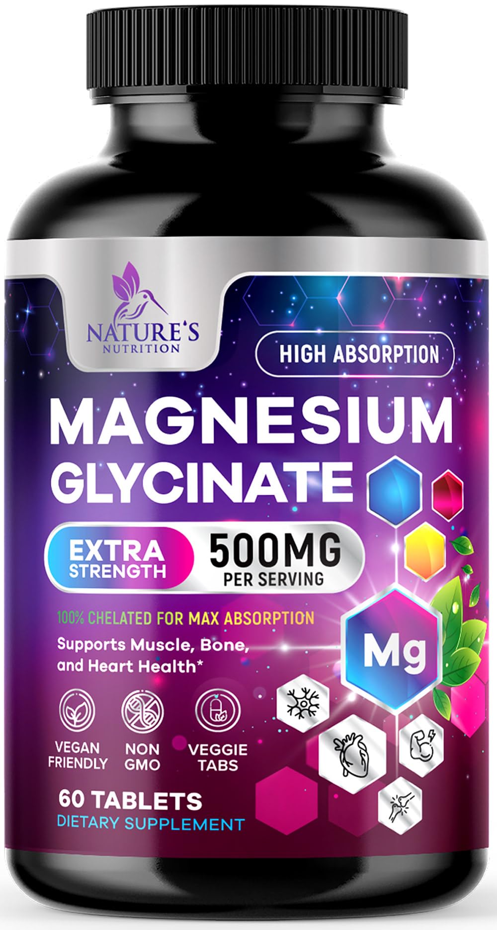 Magnesium Glycinate Supplement - 500mg Magnesium Per Serving - 100% Chelated & Purified - Supports Sleep, Heart Health, & Muscle Strength - Best Absorption Magnesium, Bottled in USA - 60 Tablets - TrustMedUSA